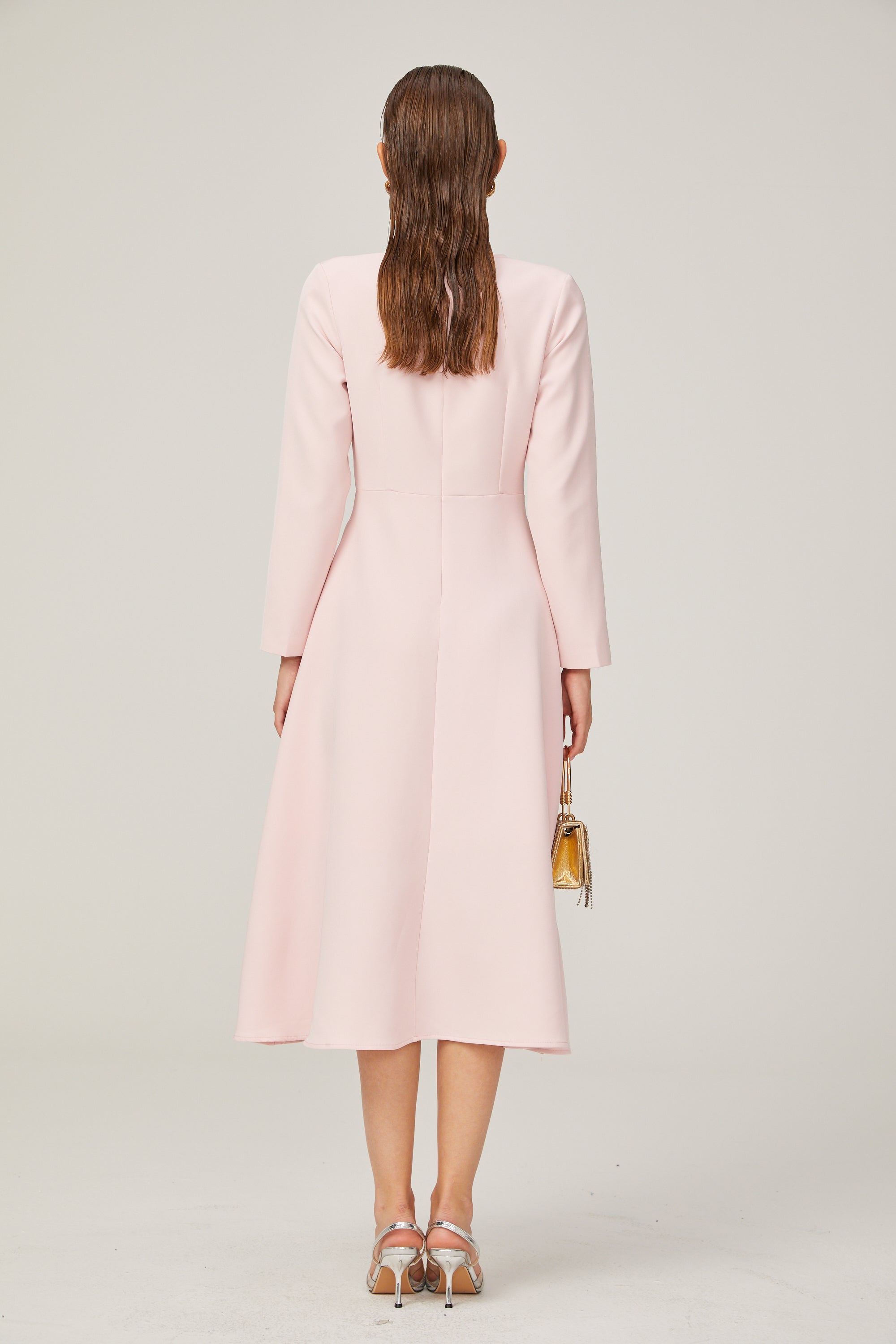 Elise pink bow-detail split-neck midi dress