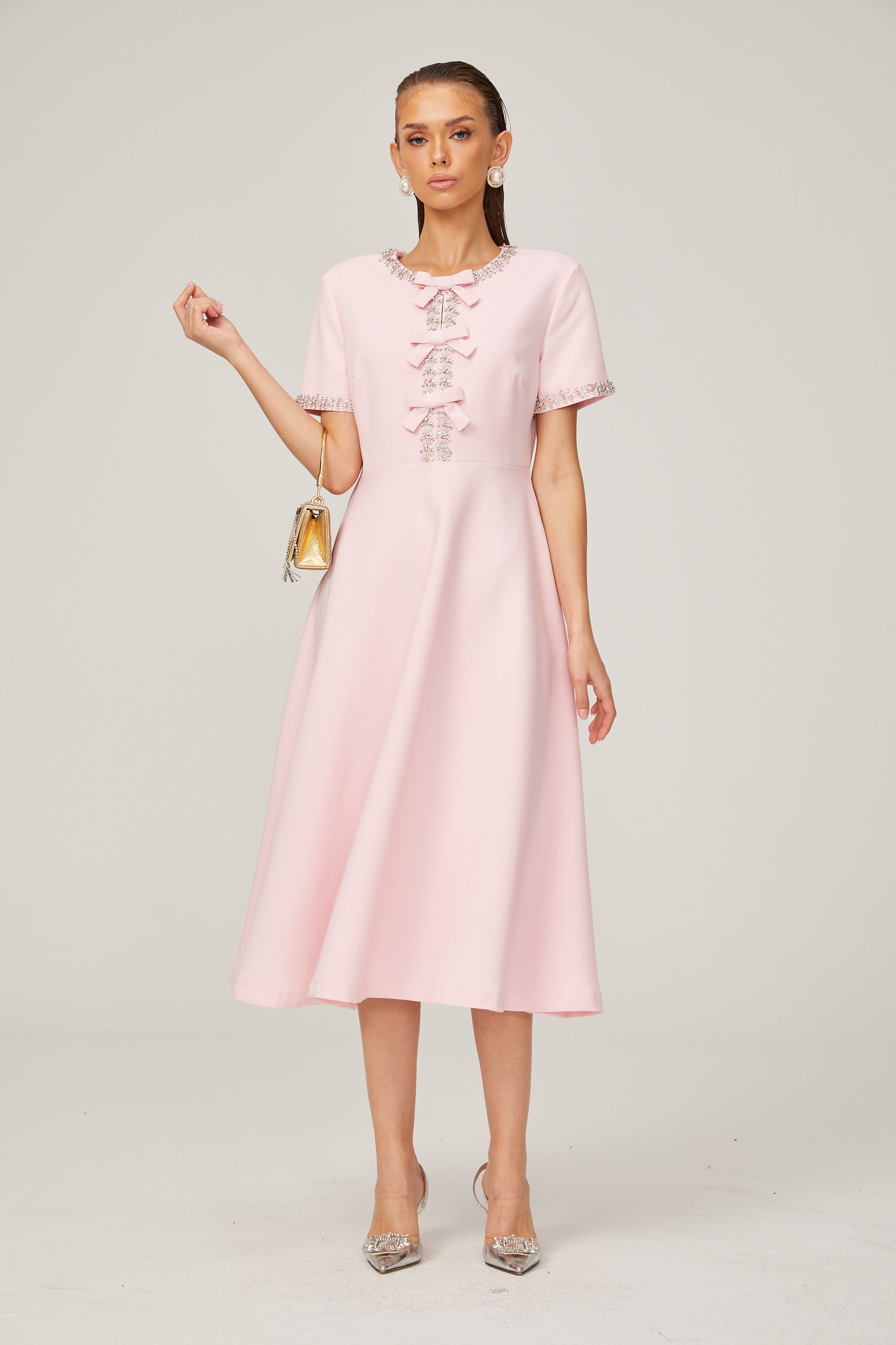 Esther pink bow-detail short-sleeve crystal midi dress