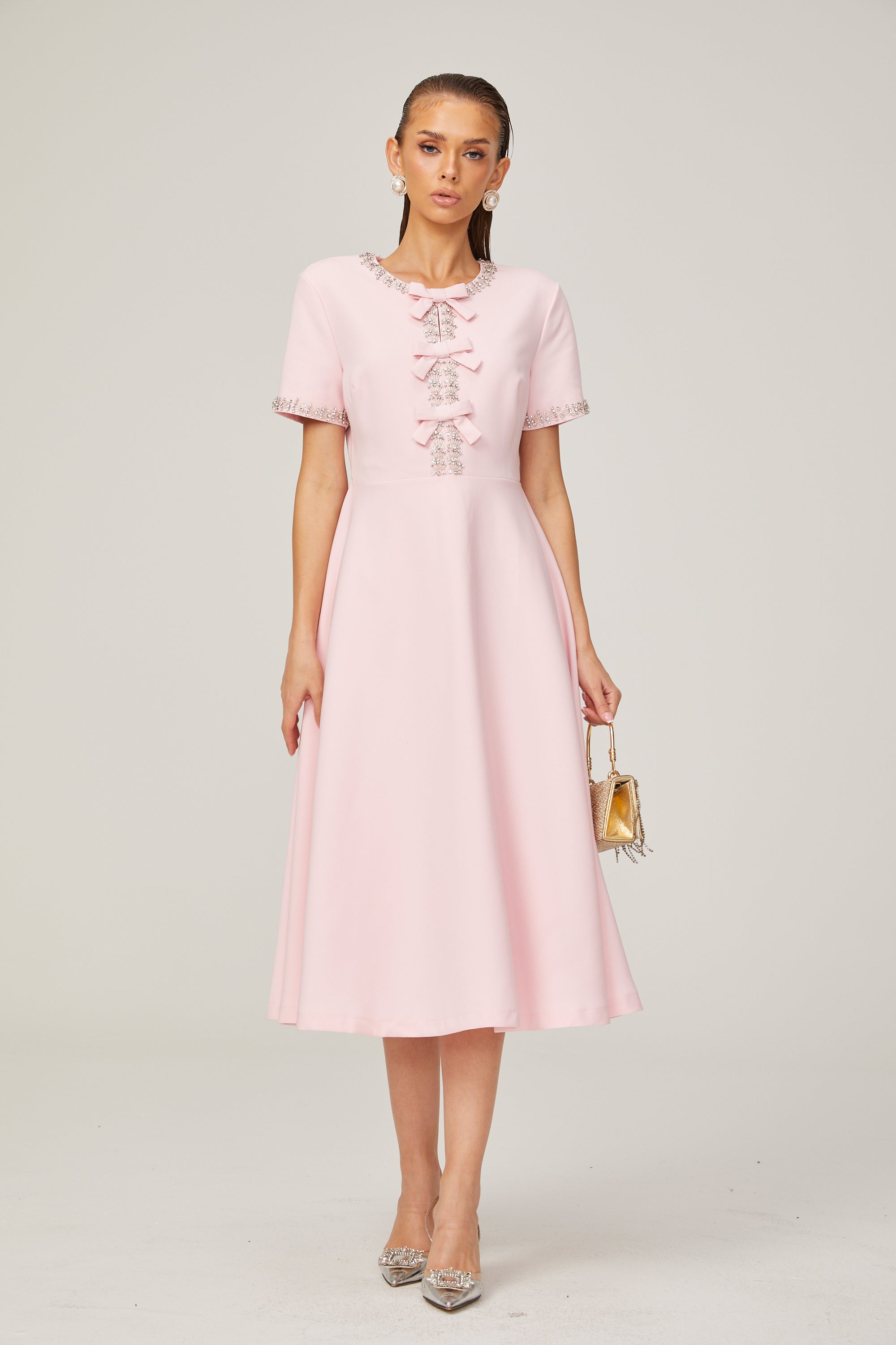 Esther pink bow-detail short-sleeve crystal midi dress