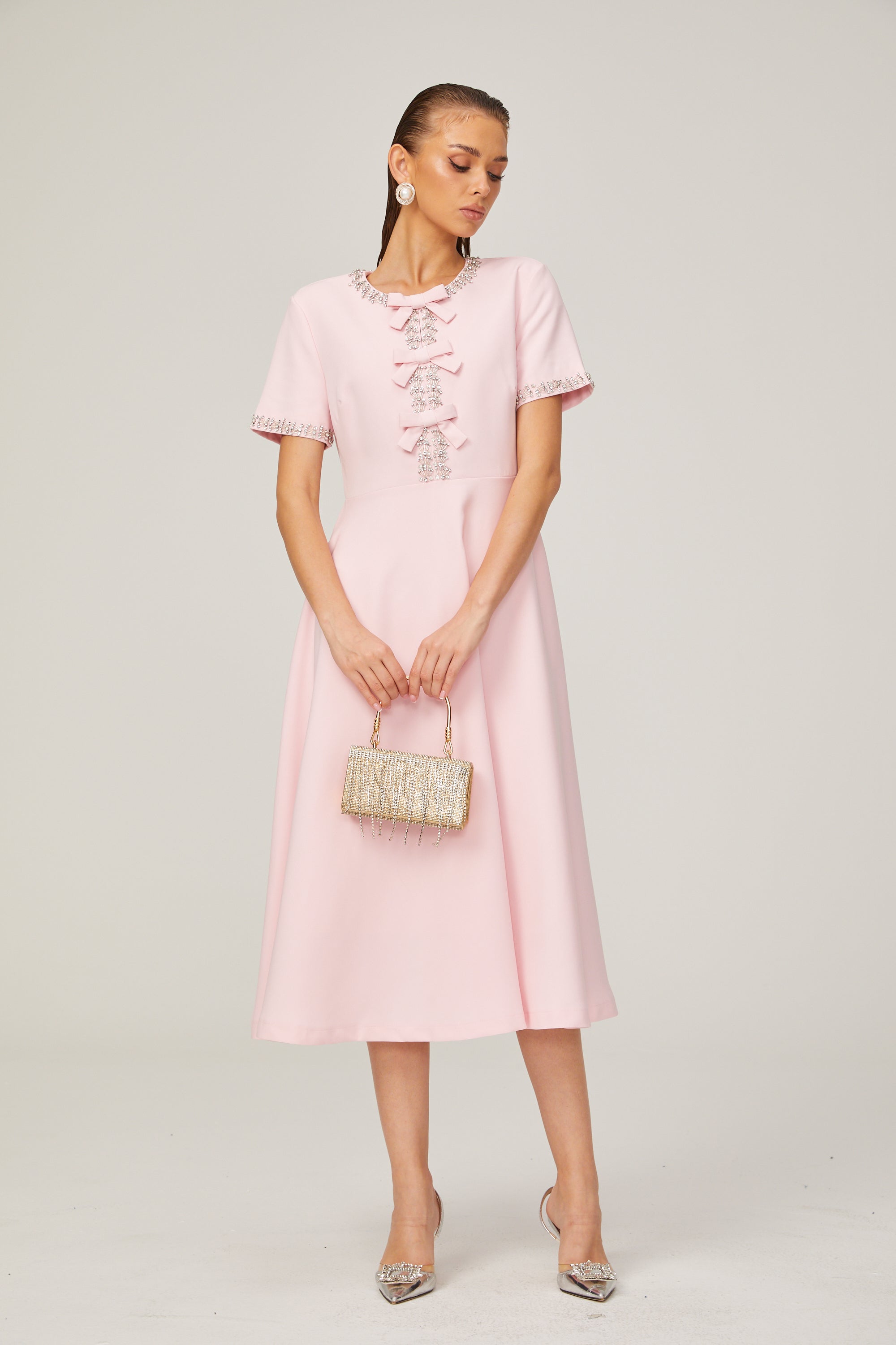 Esther pink bow-detail short-sleeve crystal midi dress