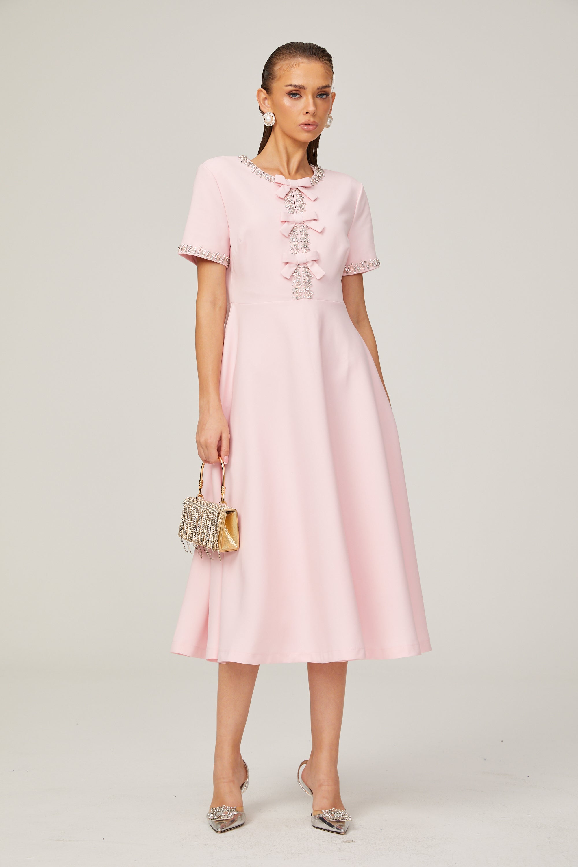 Esther pink bow-detail short-sleeve crystal midi dress