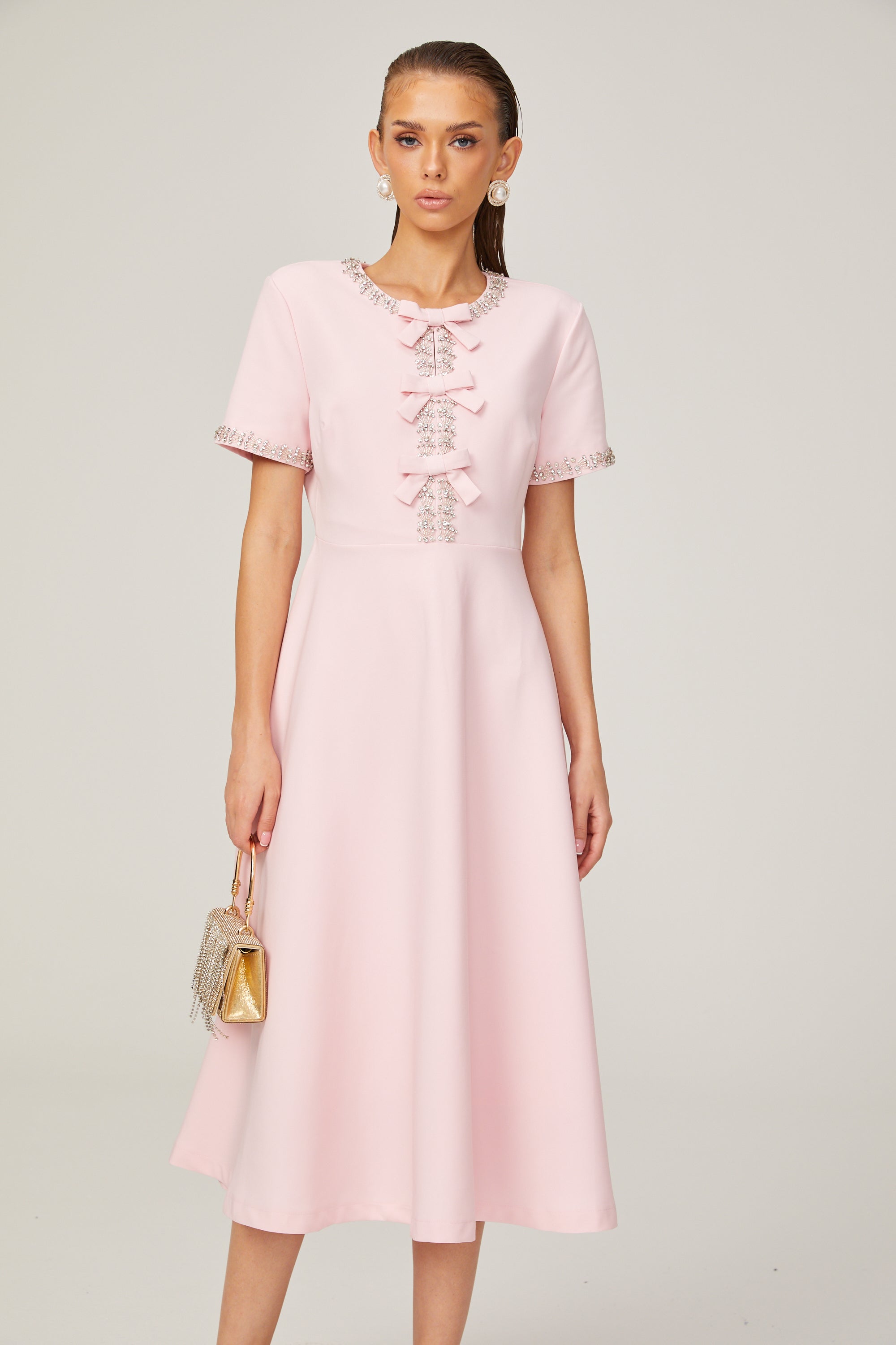 Esther pink bow-detail short-sleeve crystal midi dress