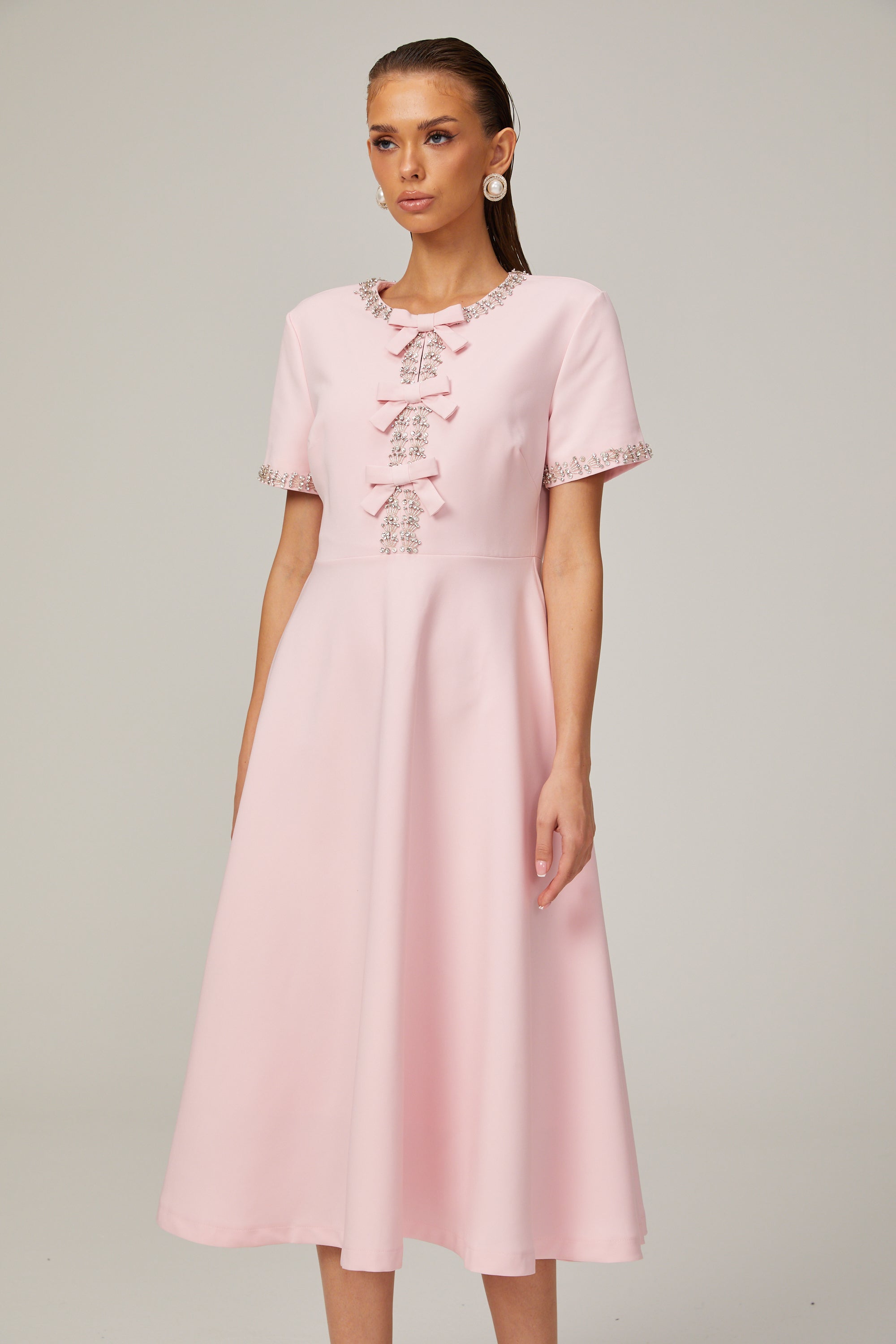 Esther pink bow-detail short-sleeve crystal midi dress