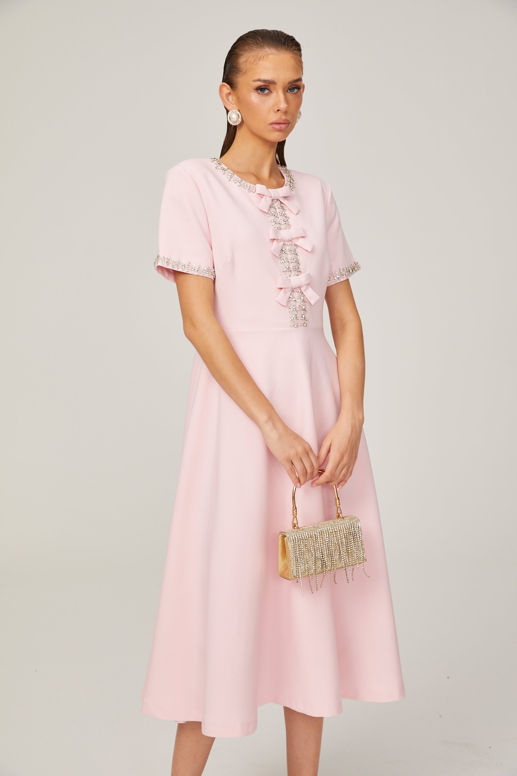 Esther pink bow-detail short-sleeve crystal midi dress