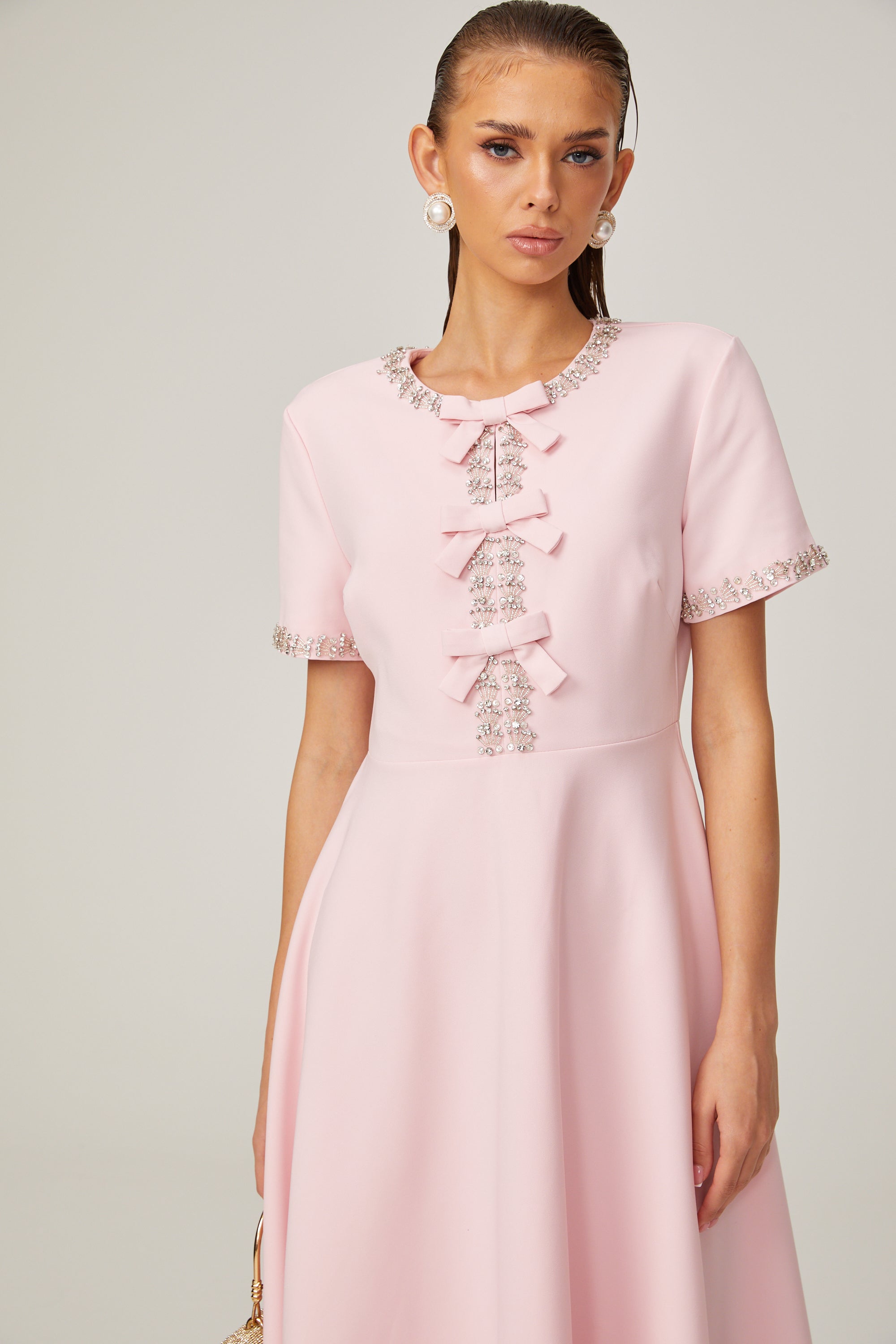 Esther pink bow-detail short-sleeve crystal midi dress