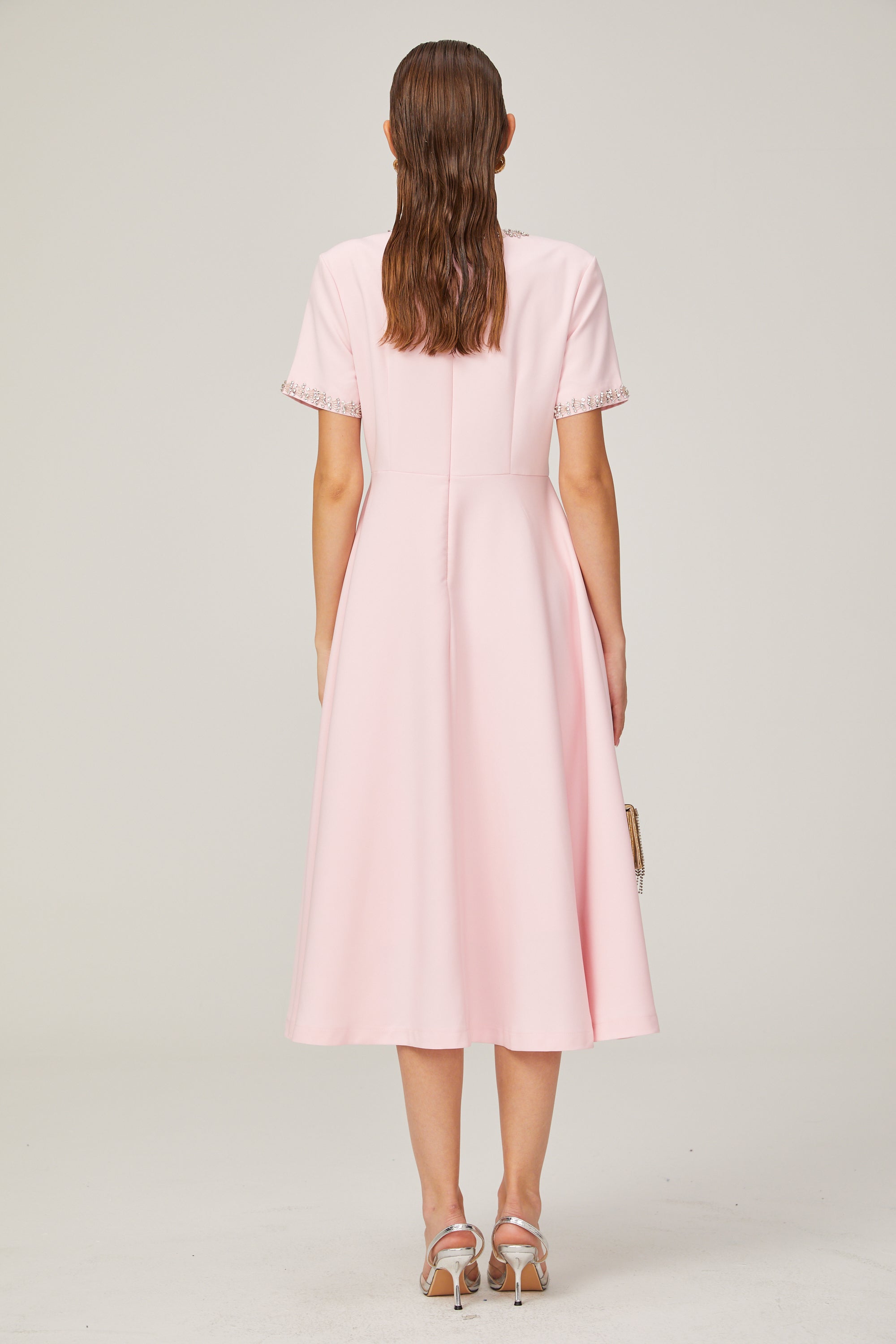 Esther pink bow-detail short-sleeve crystal midi dress