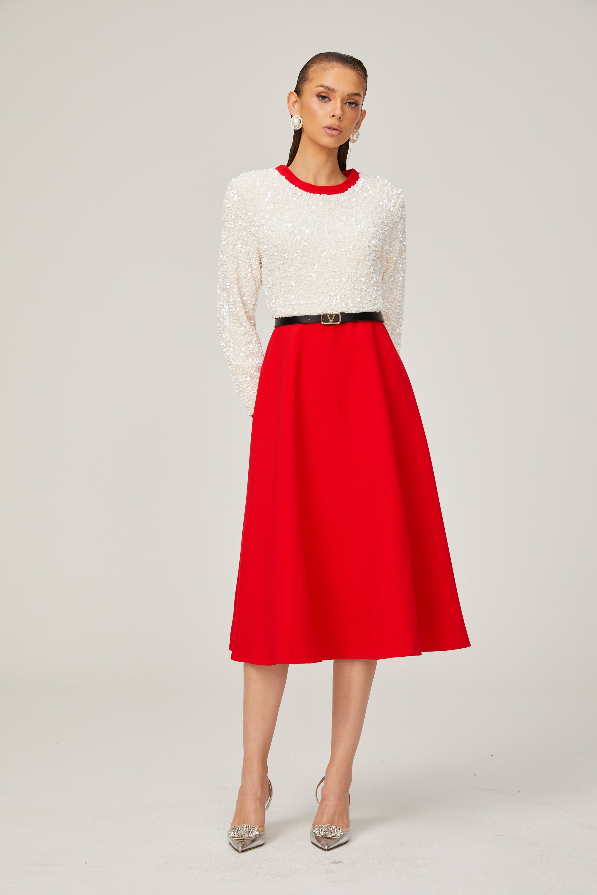 Chloé red long-sleeve sequined patchwork midi dress