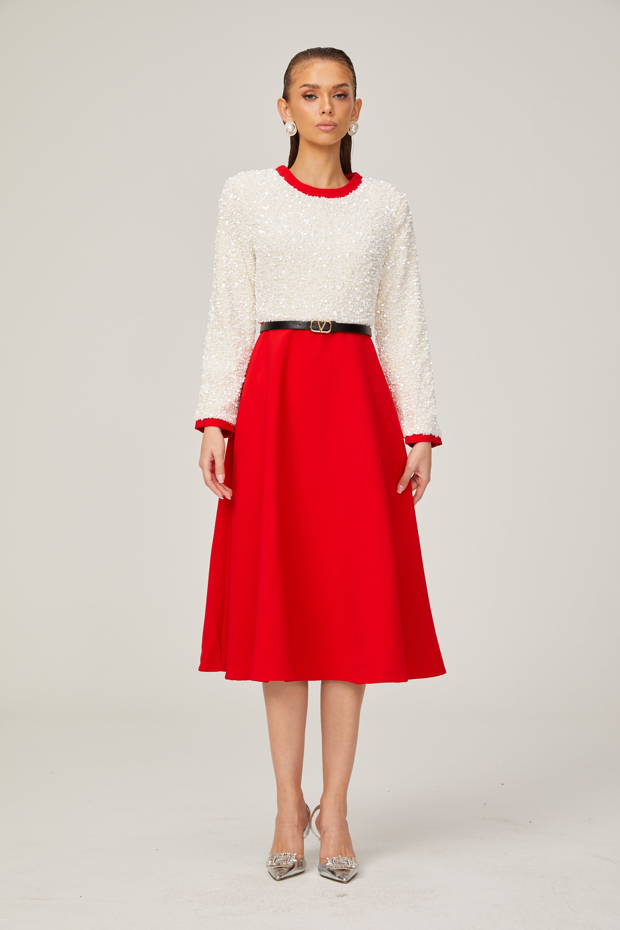 Chloé red long-sleeve sequined patchwork midi dress