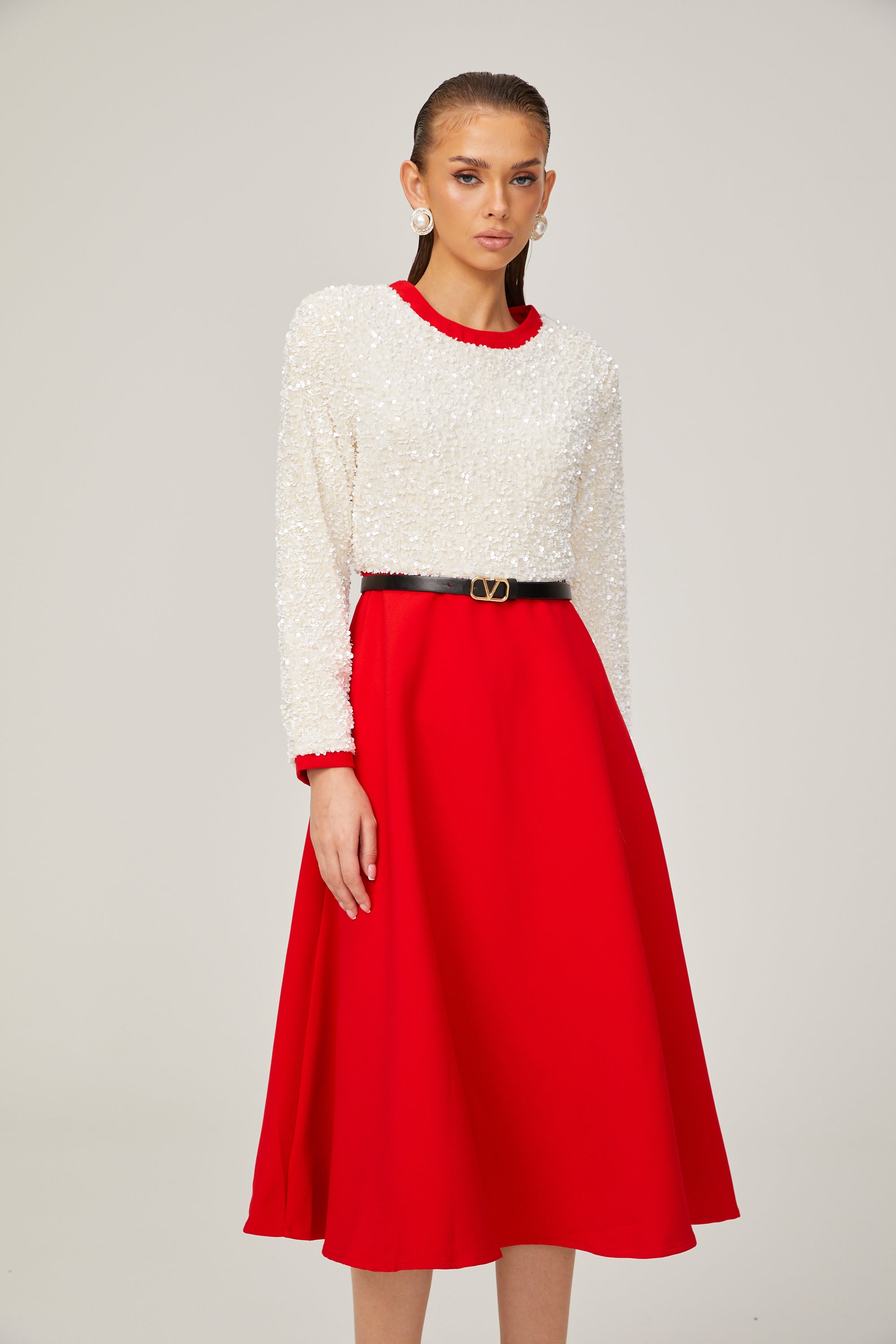 Chloé red long-sleeve sequined patchwork midi dress