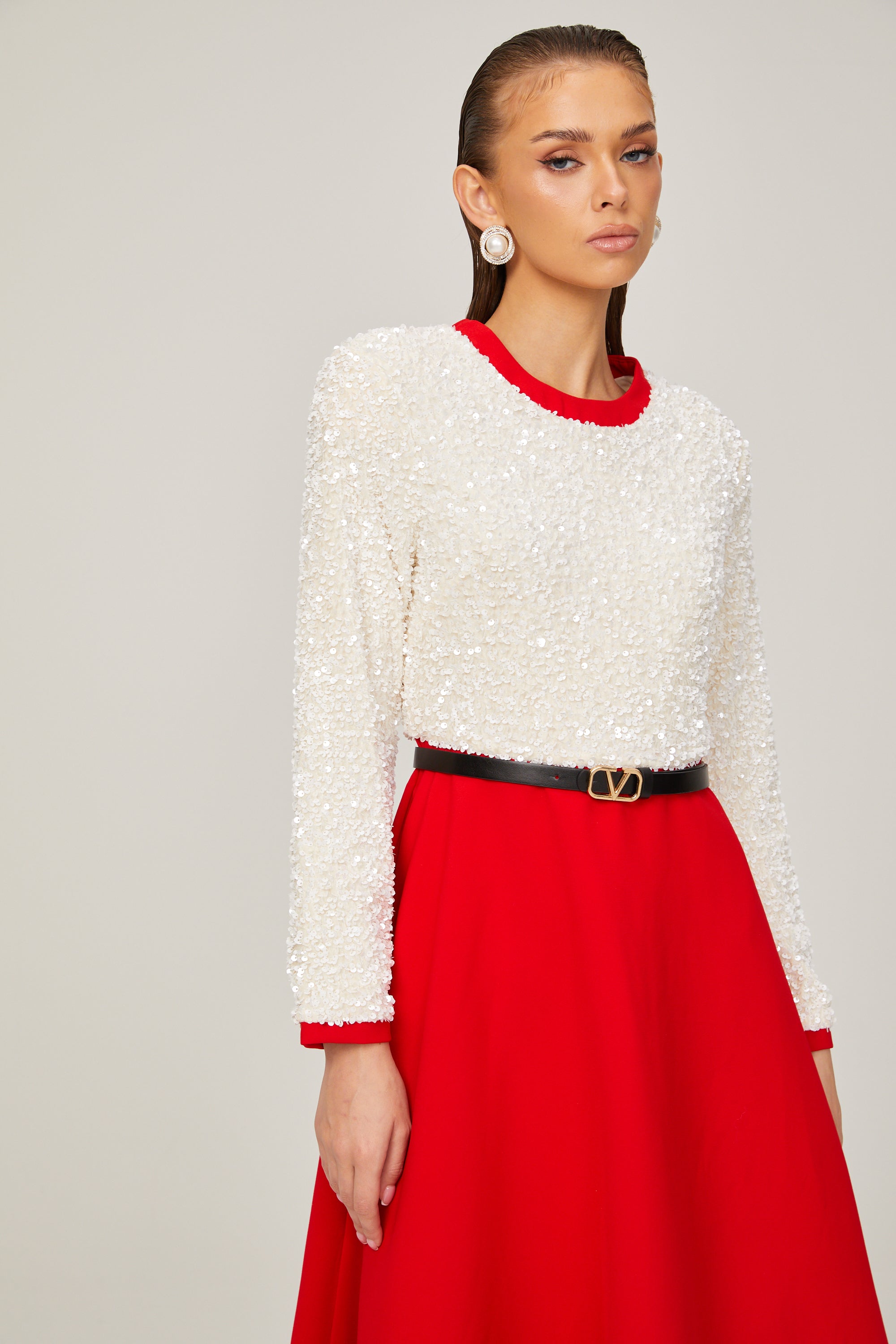 Chloé red long-sleeve sequined patchwork midi dress