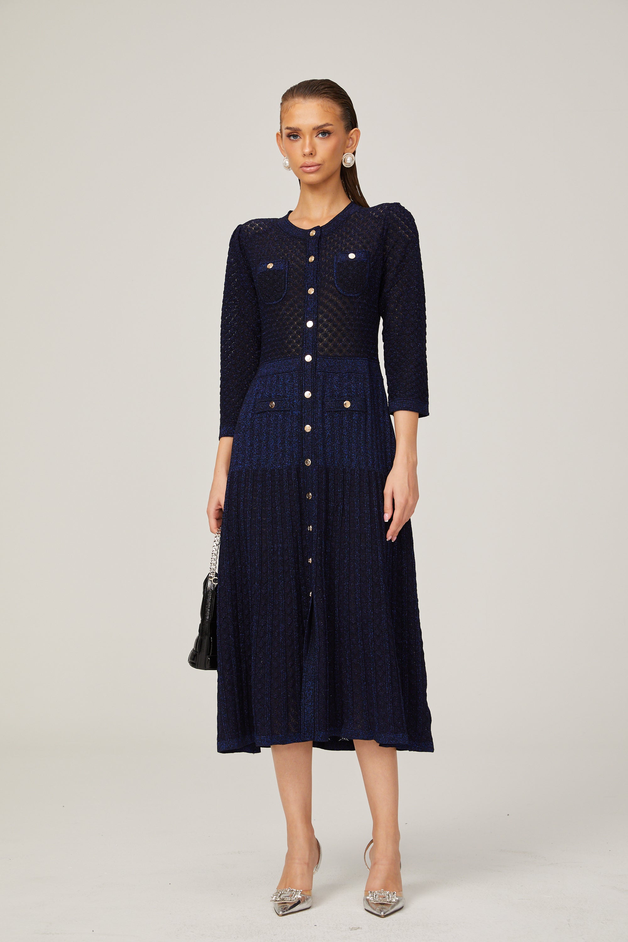 Élodie knitted long-sleeve midi dress in Blue