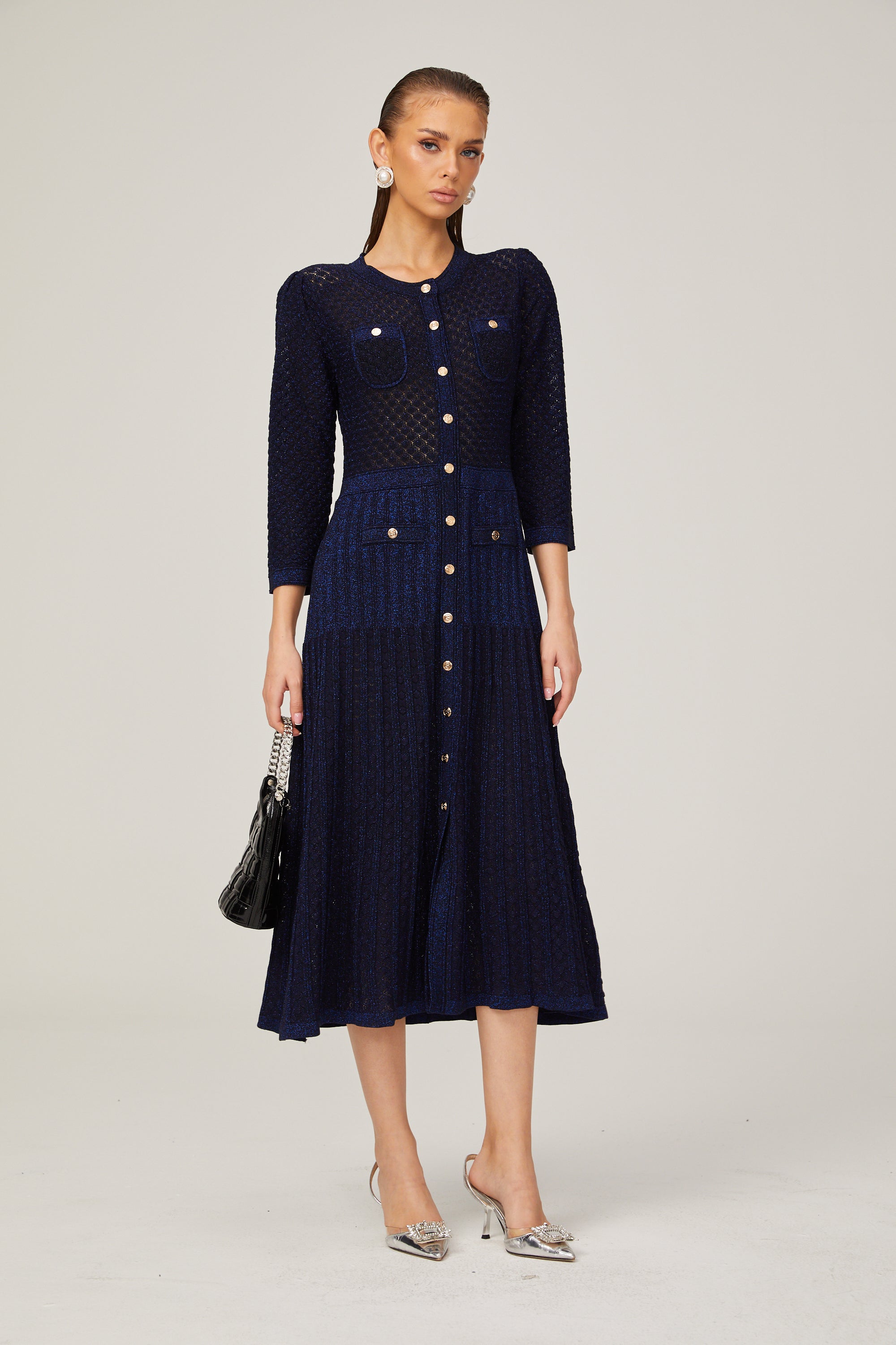 Élodie knitted long-sleeve midi dress in Blue