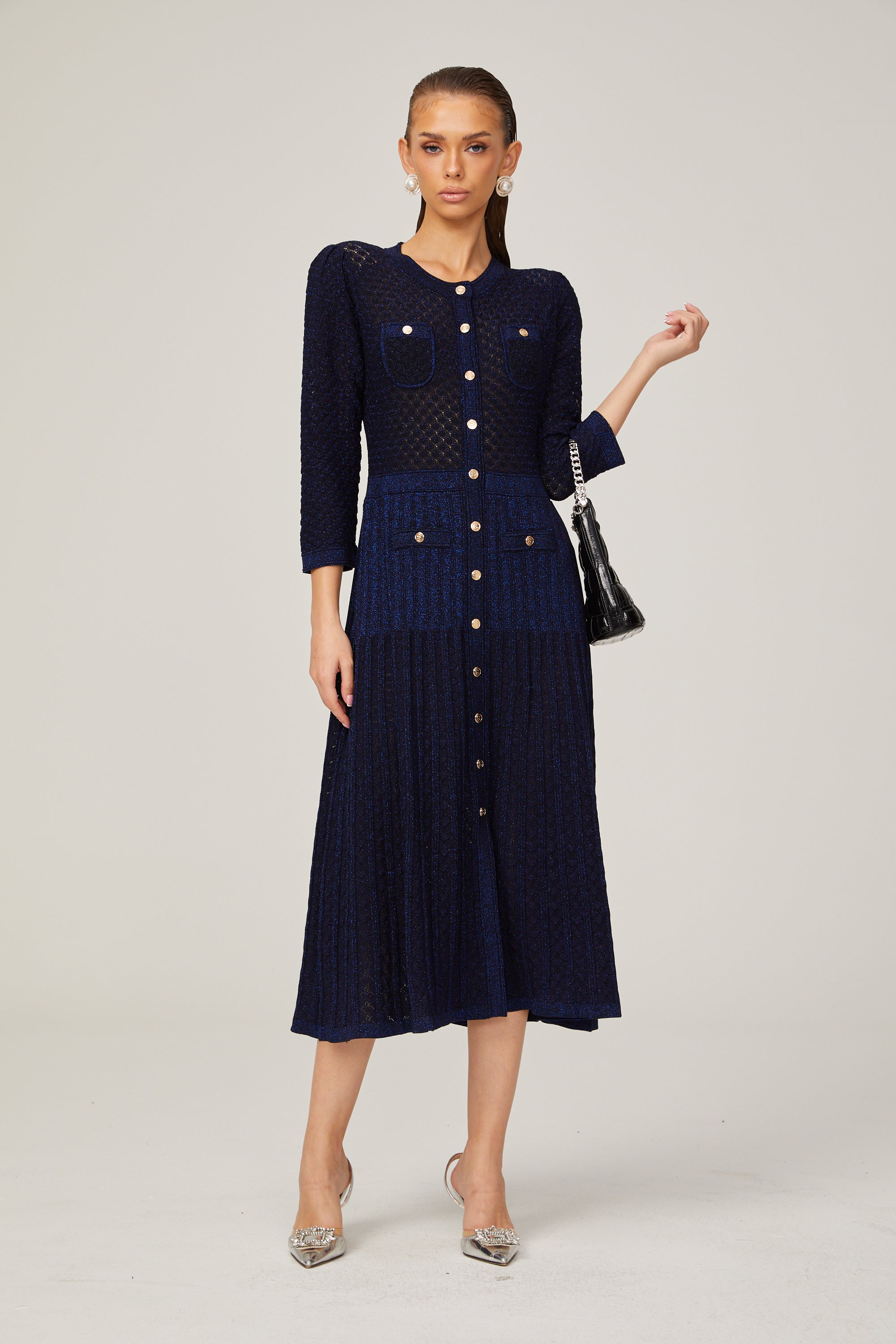 Élodie knitted long-sleeve midi dress in Blue