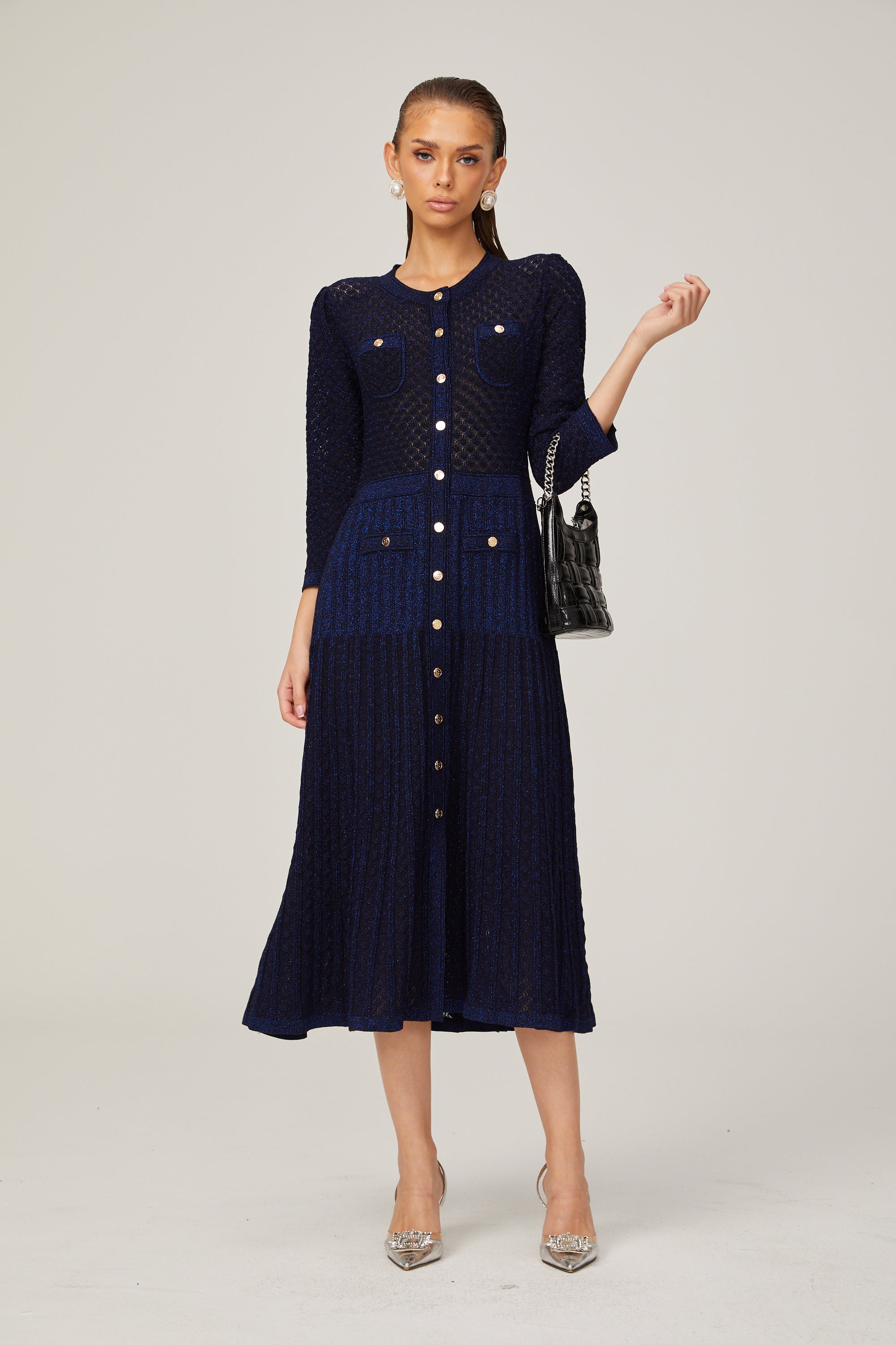 Élodie knitted long-sleeve midi dress in Blue