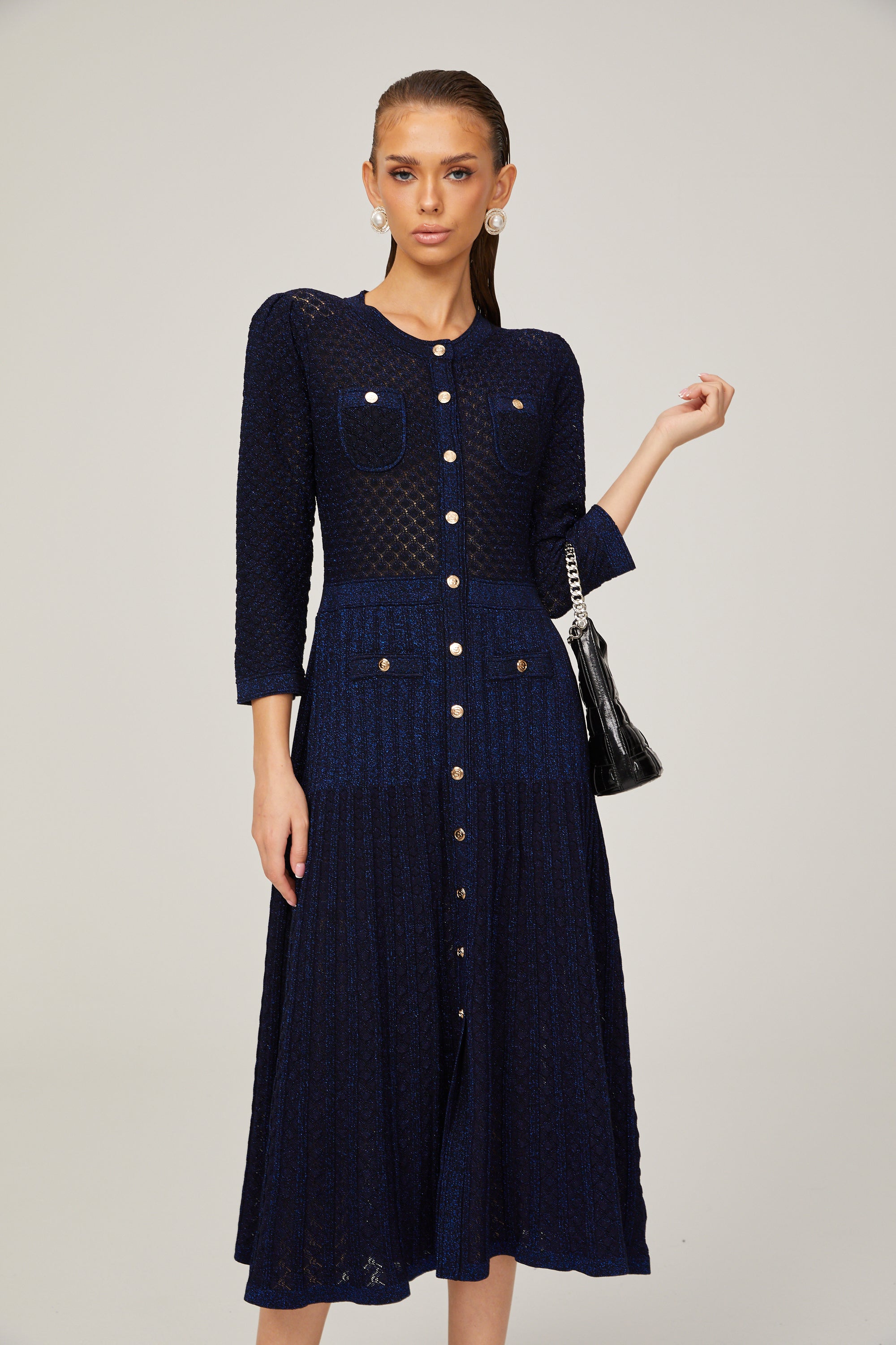 Élodie knitted long-sleeve midi dress in Blue