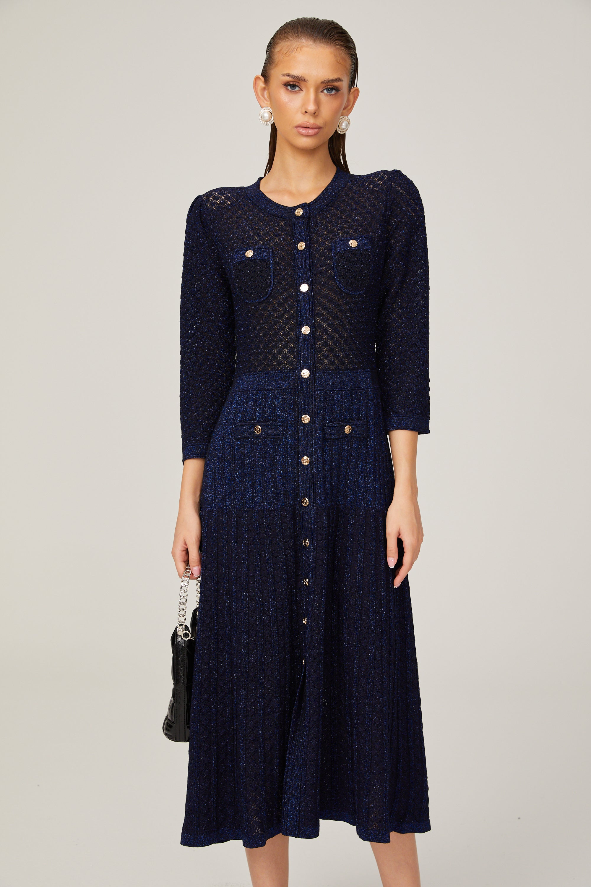 Élodie knitted long-sleeve midi dress in Blue