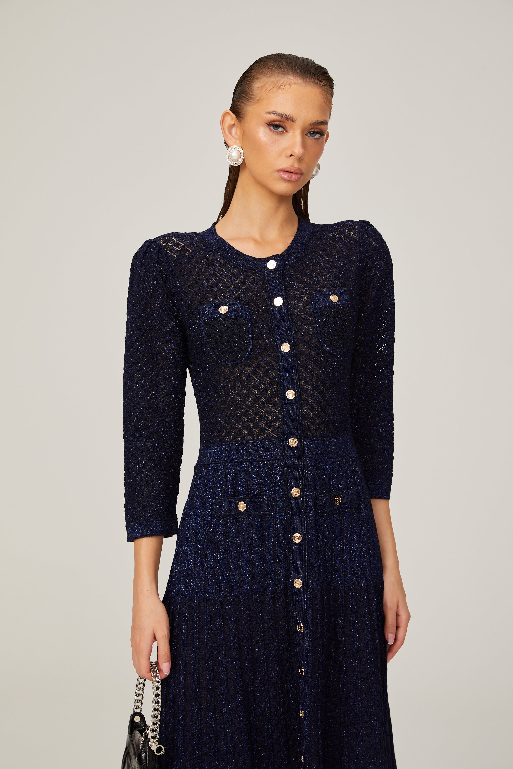 Élodie knitted long-sleeve midi dress in Blue