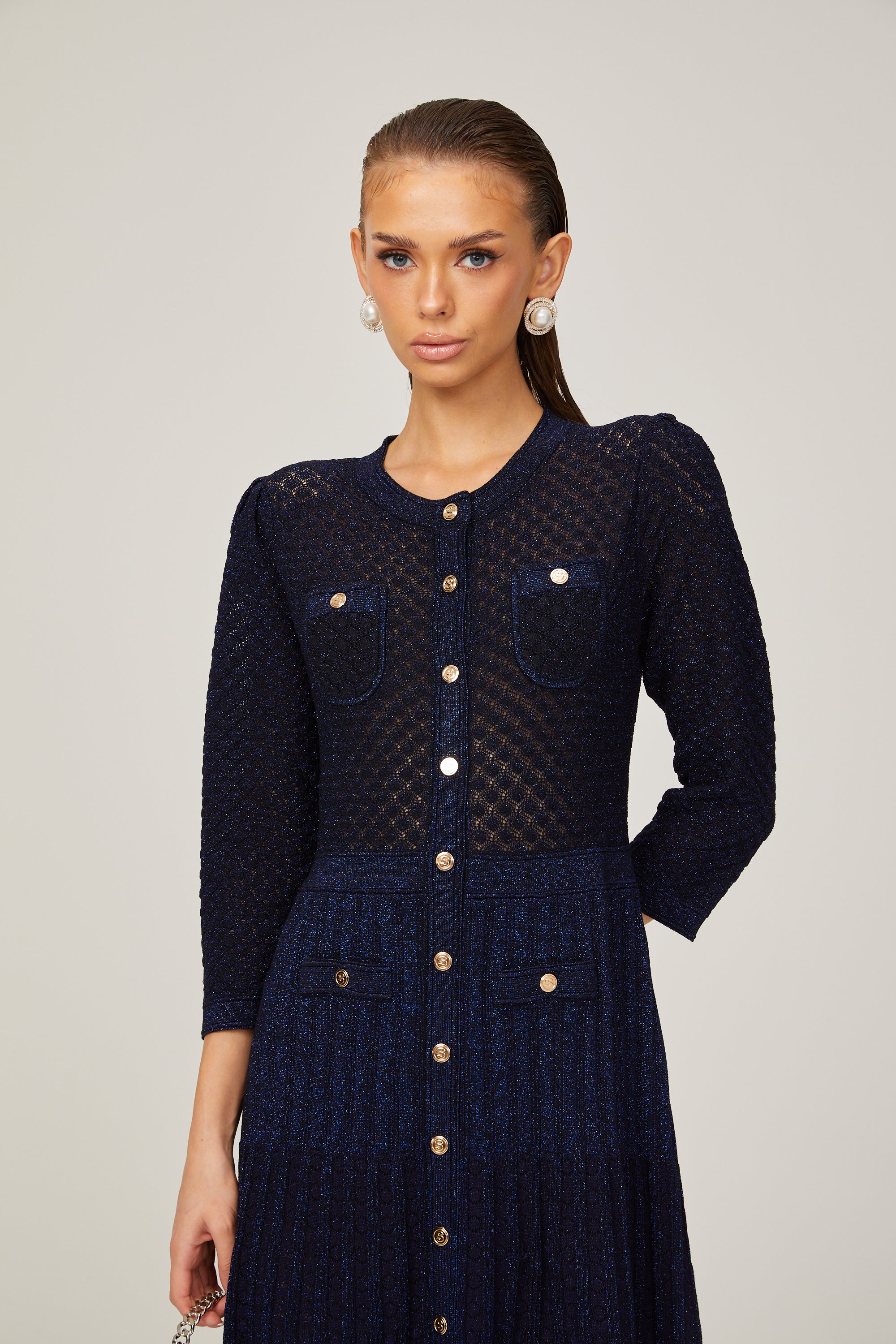 Élodie knitted long-sleeve midi dress in Blue