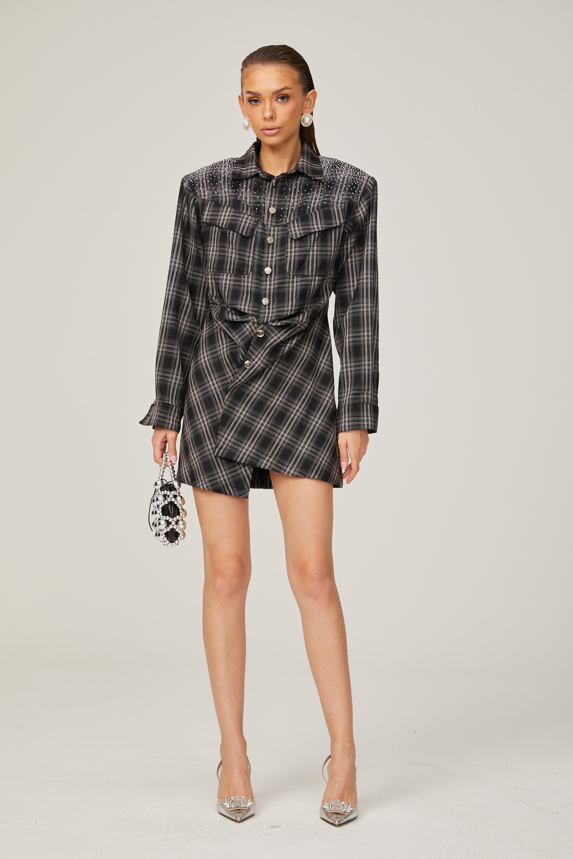 Jeannette black studded check mini shirt dress