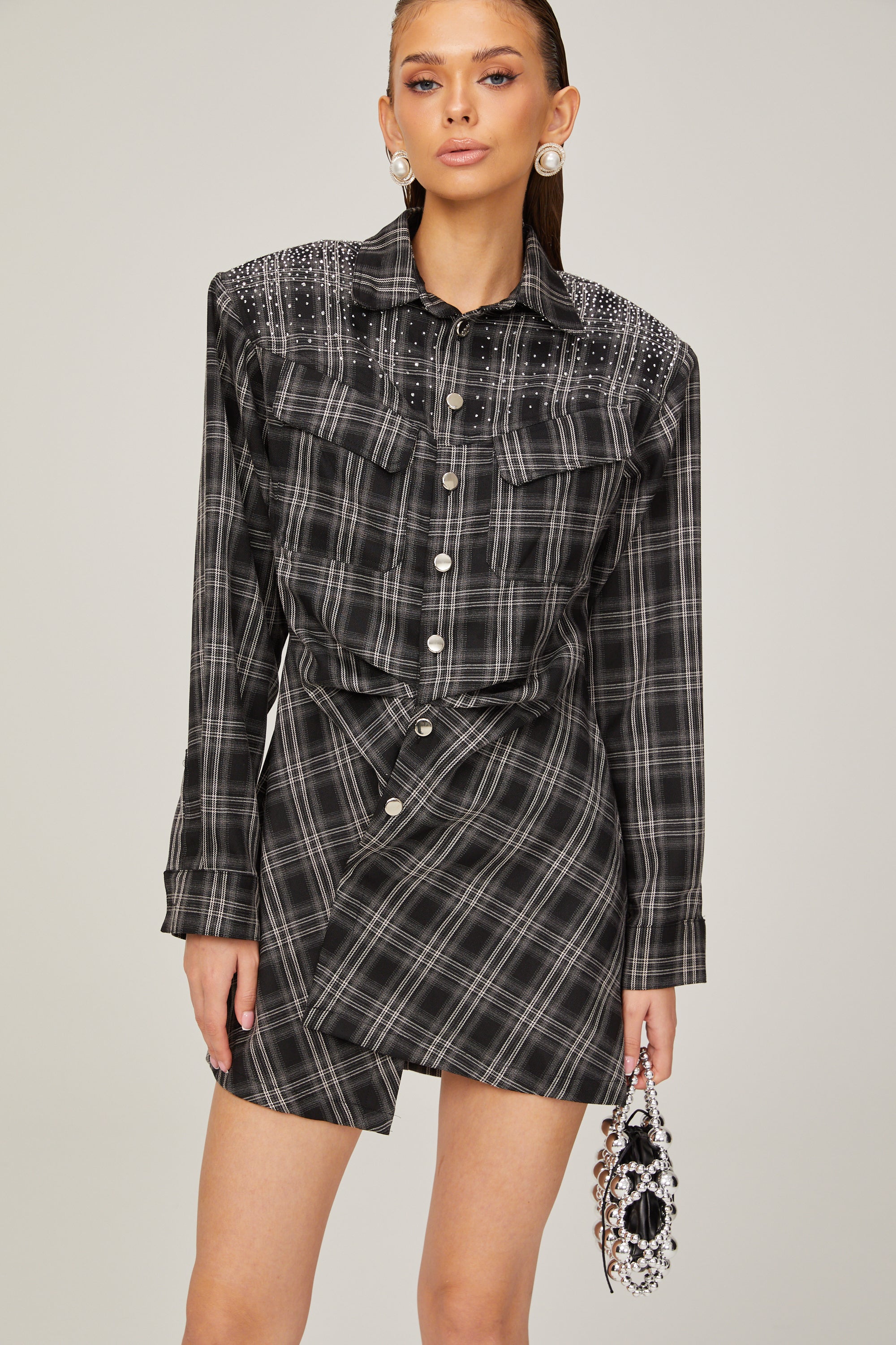 Jeannette black studded check mini shirt dress