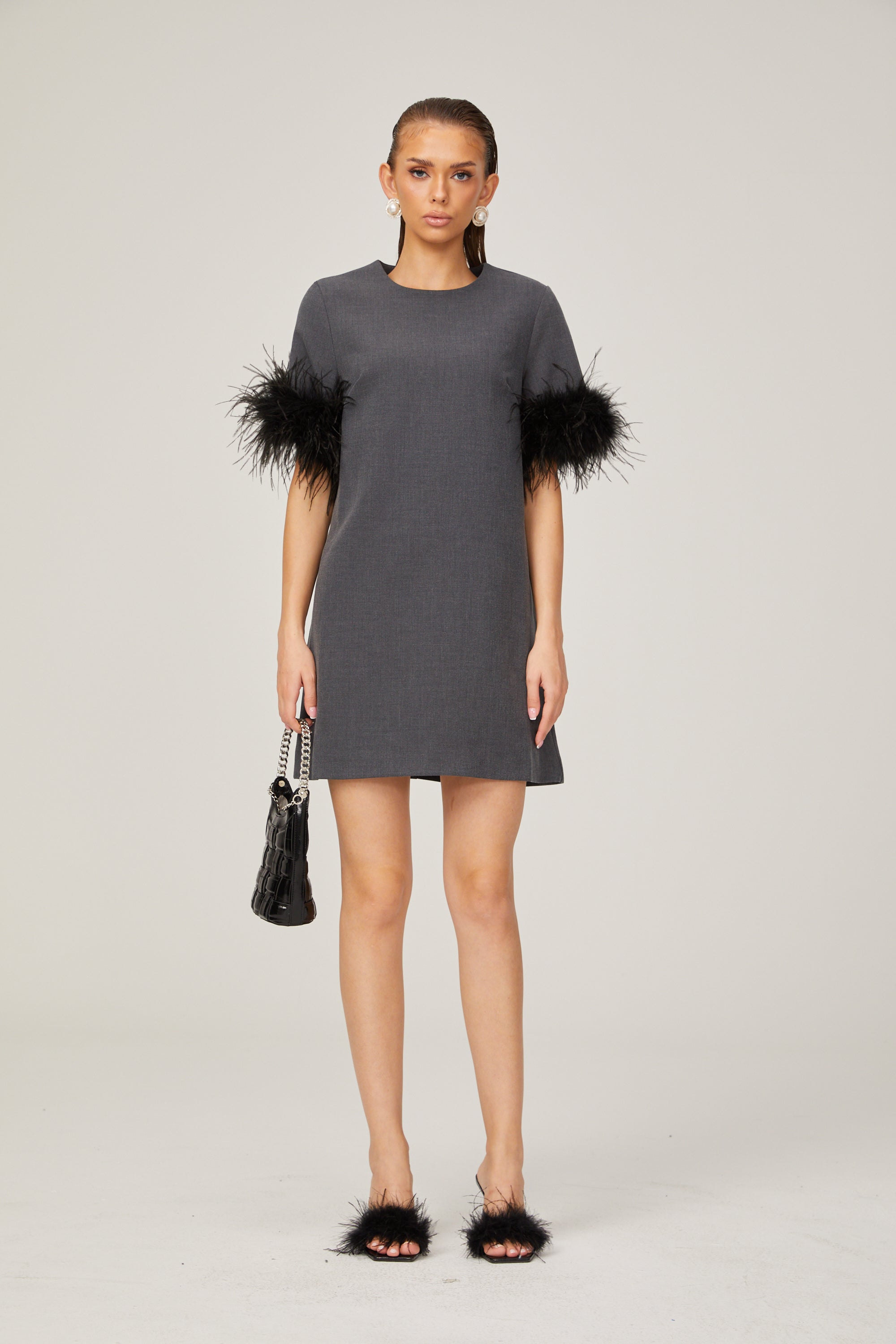 Eulalie grey feather-trim A-line mini dress