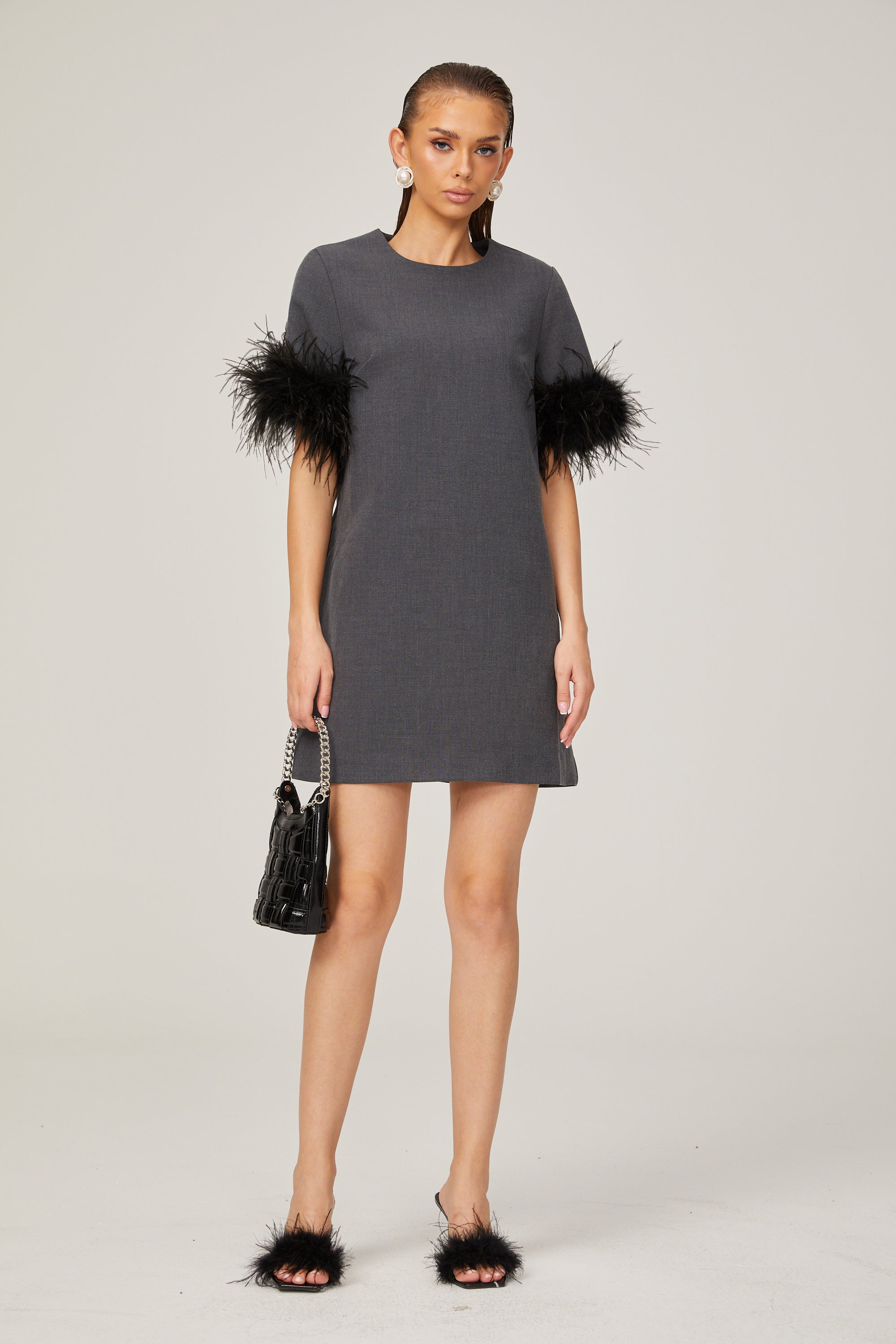 Eulalie grey feather-trim A-line mini dress