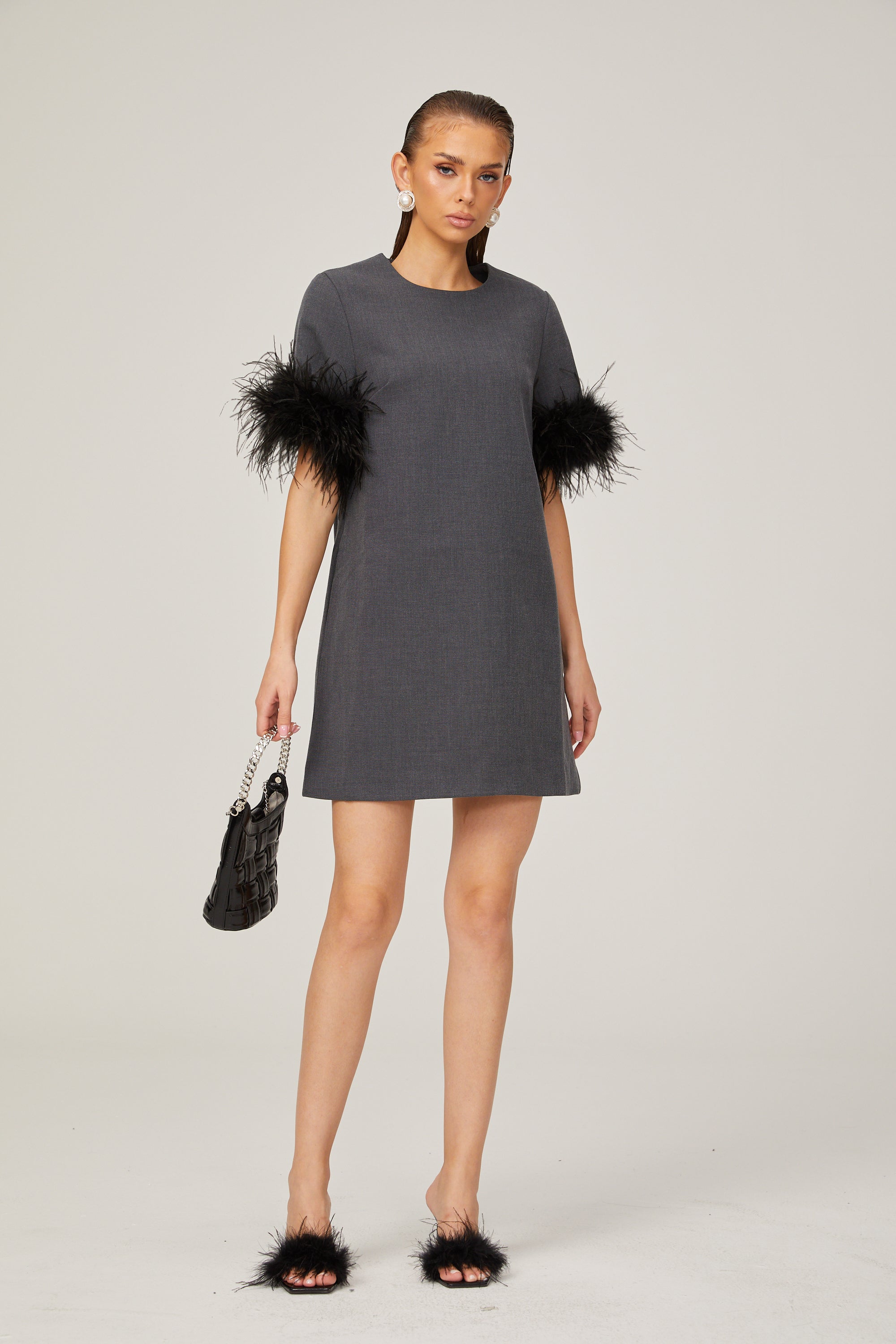 Eulalie grey feather-trim A-line mini dress