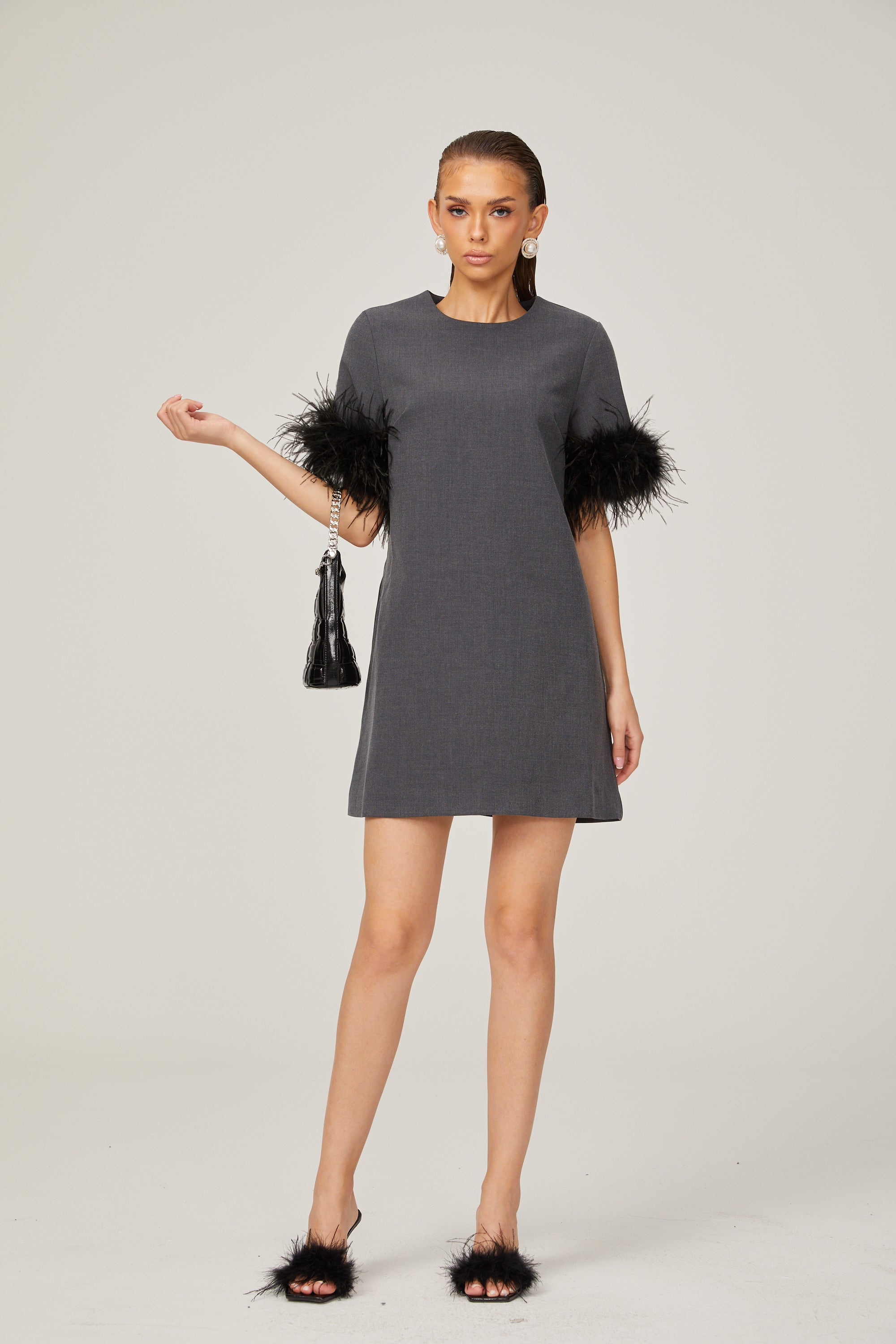 Eulalie grey feather-trim A-line mini dress