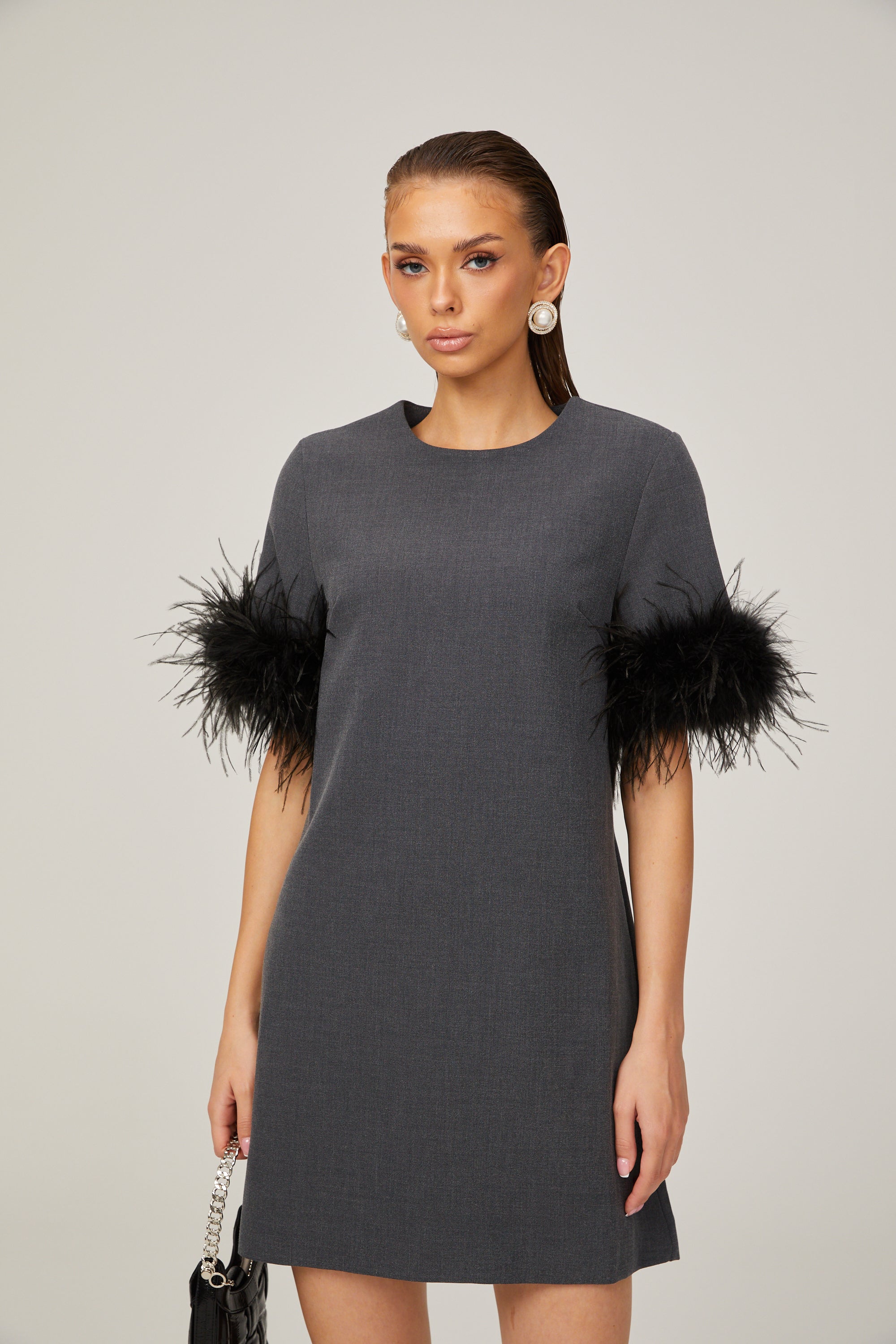 Eulalie grey feather-trim A-line mini dress