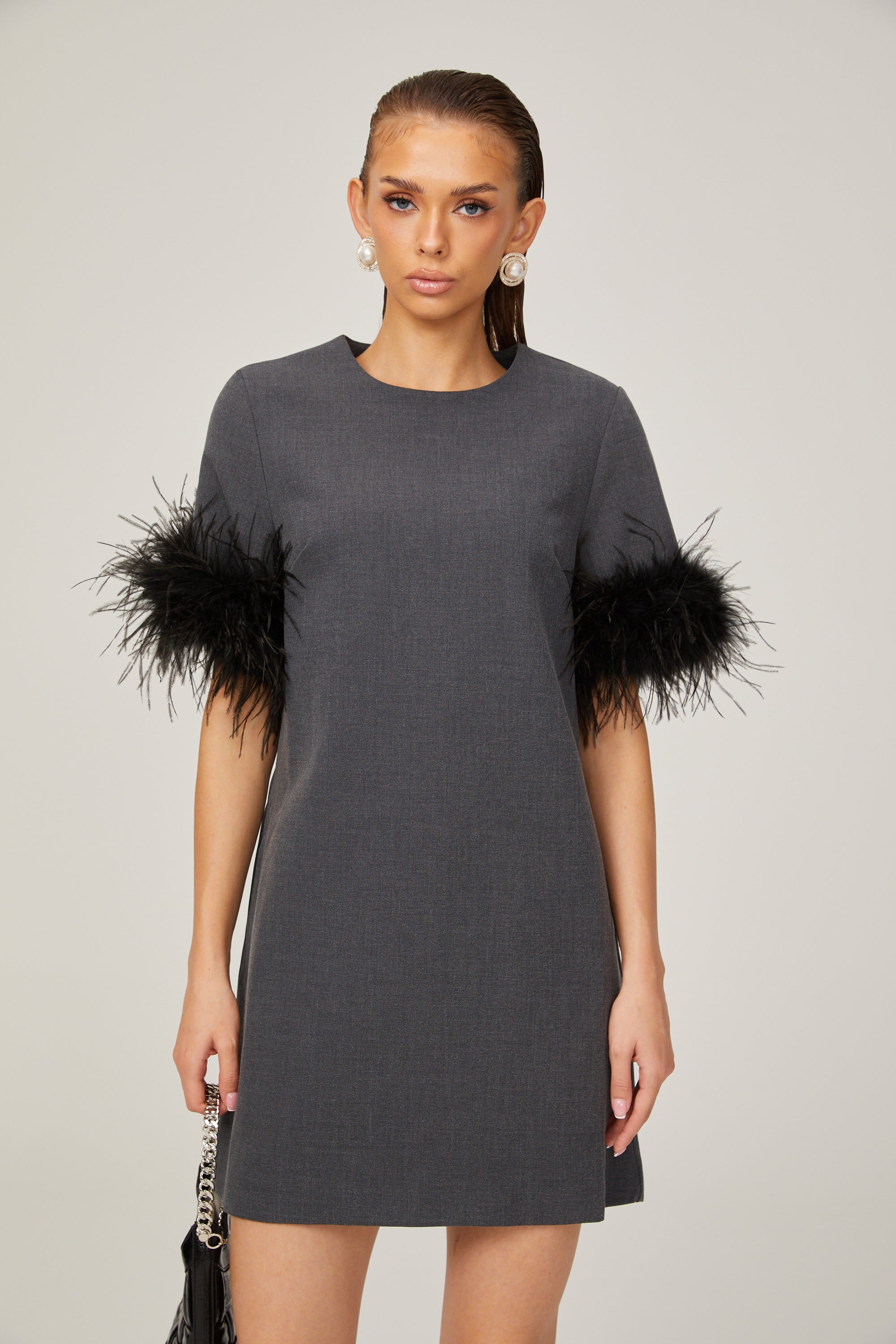 Eulalie grey feather-trim A-line mini dress