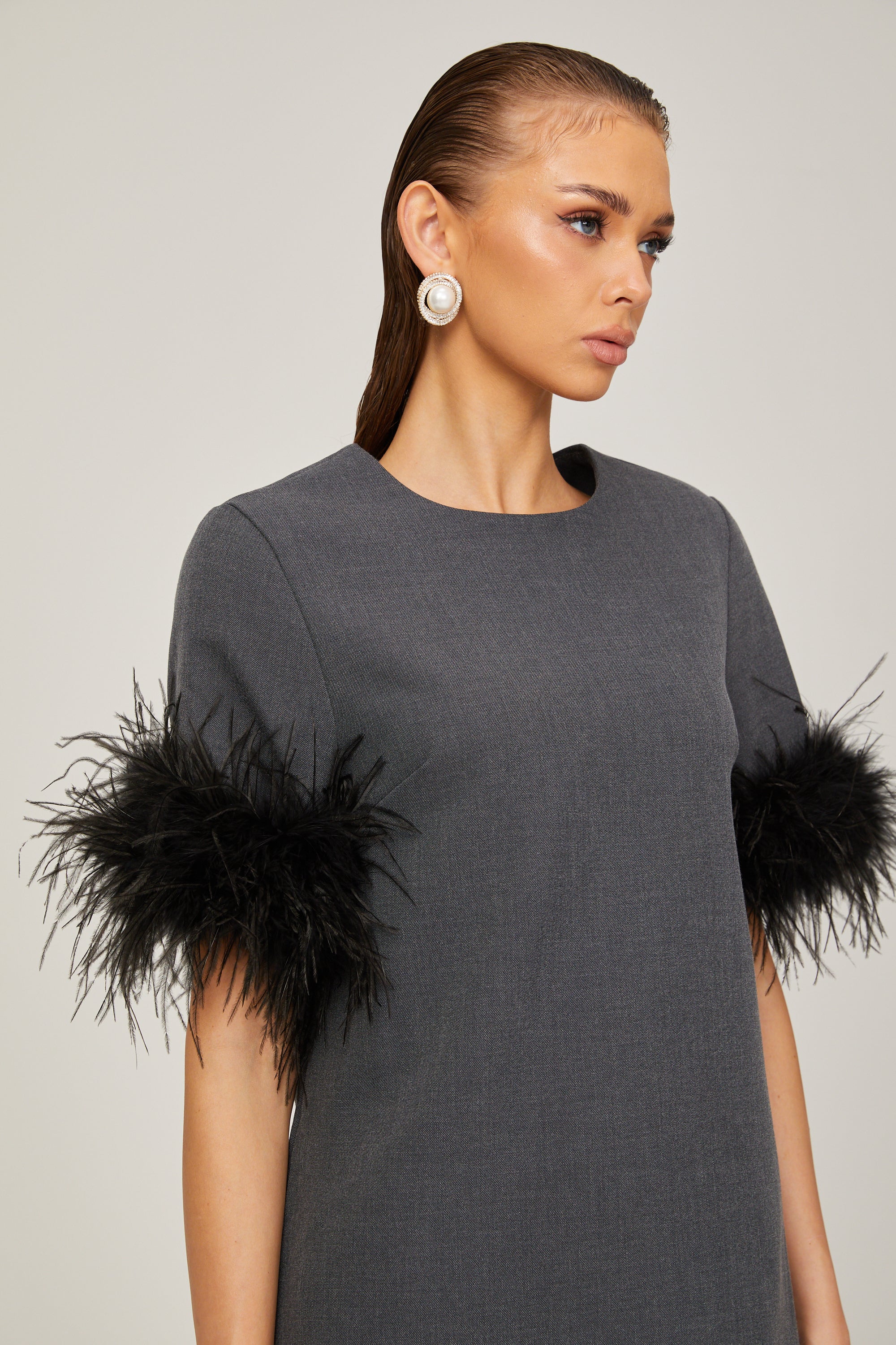 Eulalie grey feather-trim A-line mini dress