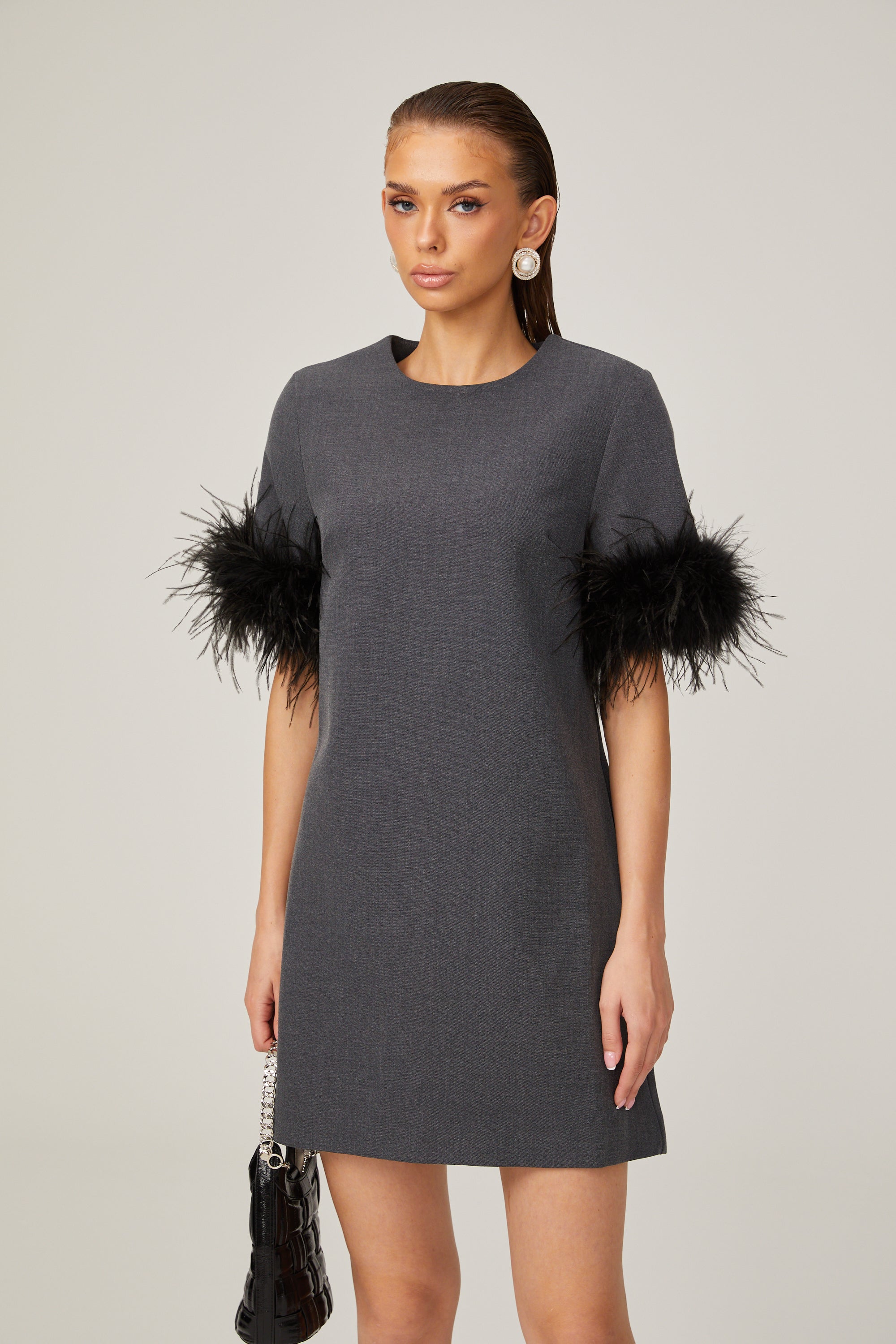 Eulalie grey feather-trim A-line mini dress