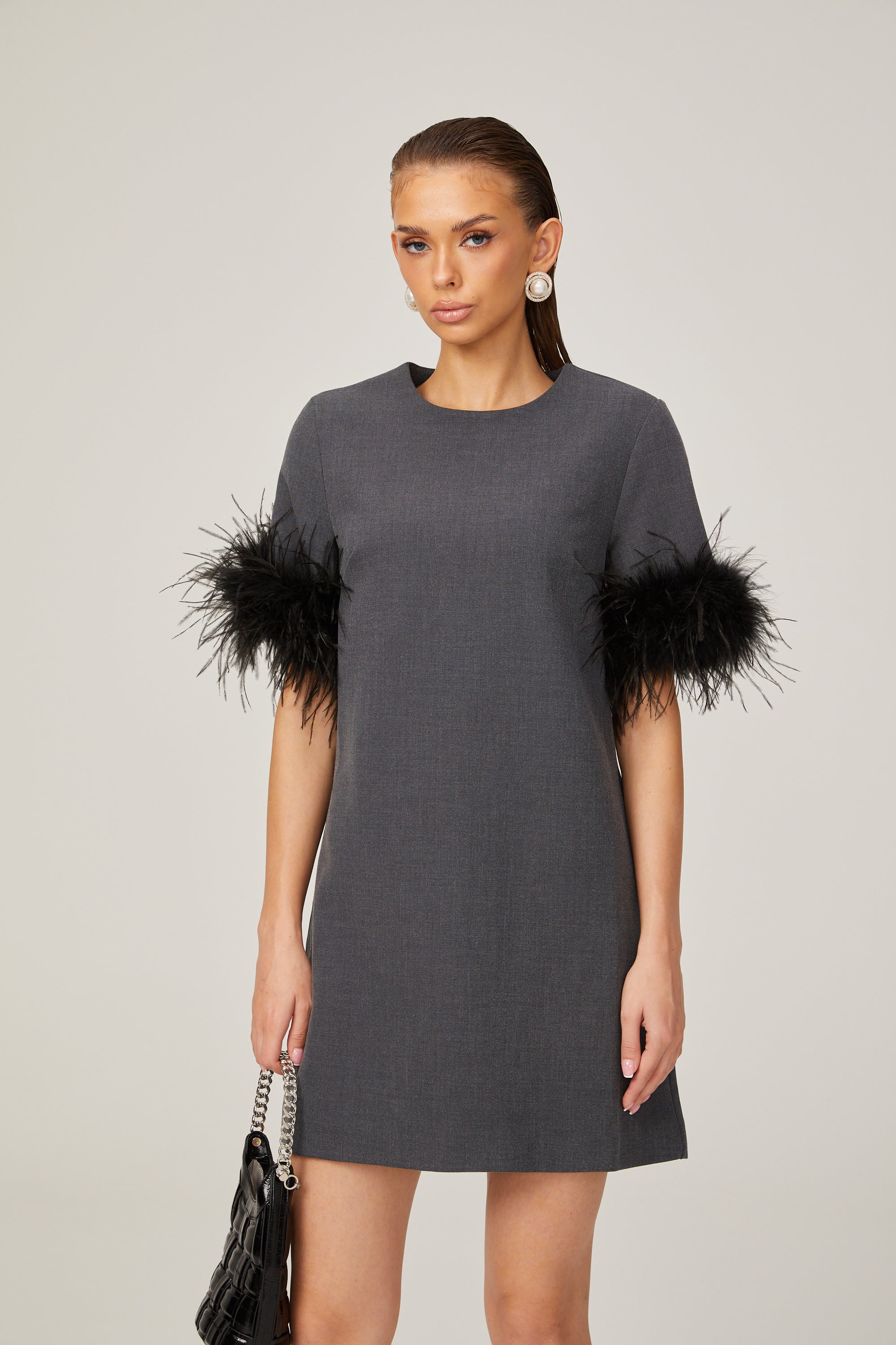 Eulalie grey feather-trim A-line mini dress