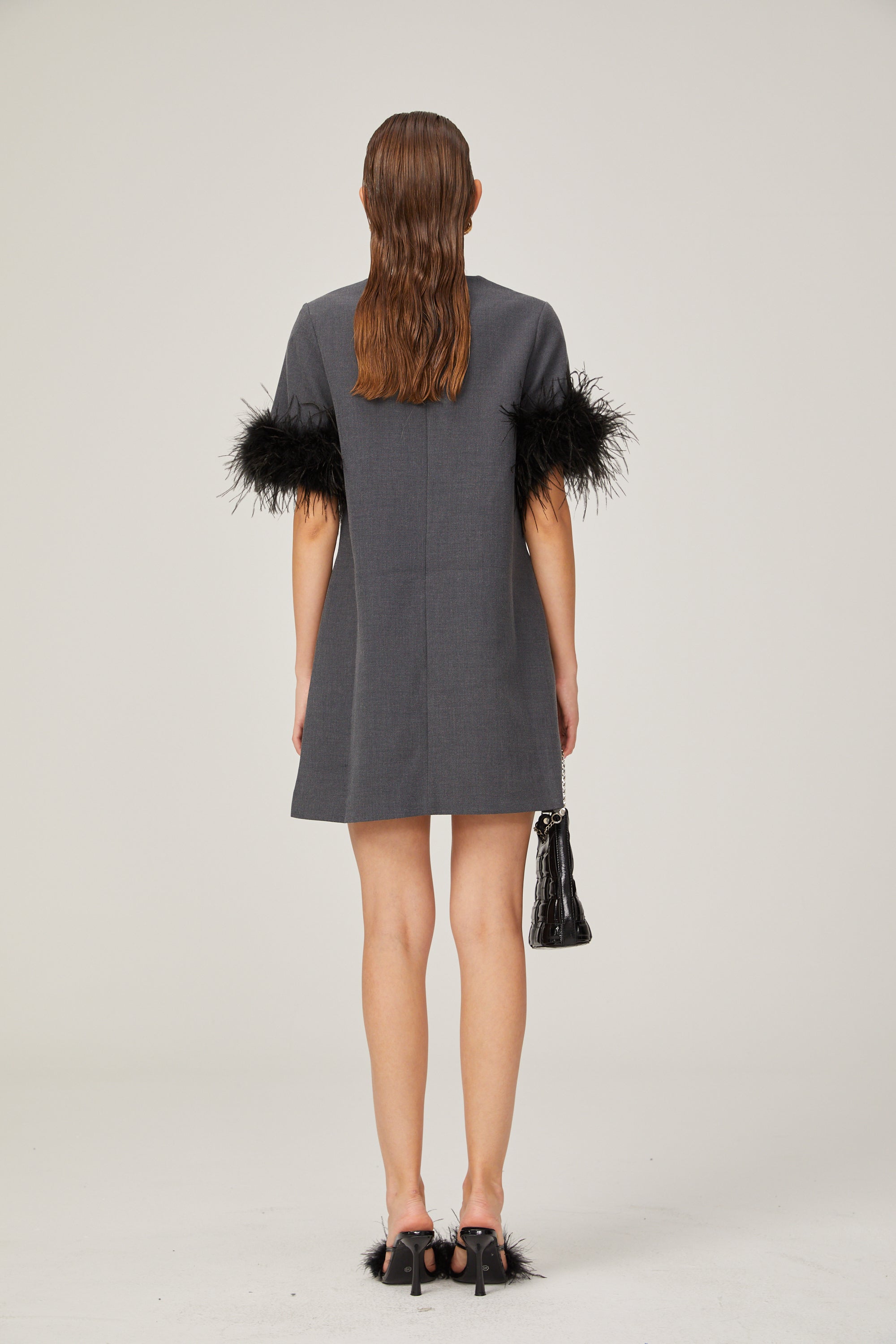 Eulalie grey feather-trim A-line mini dress