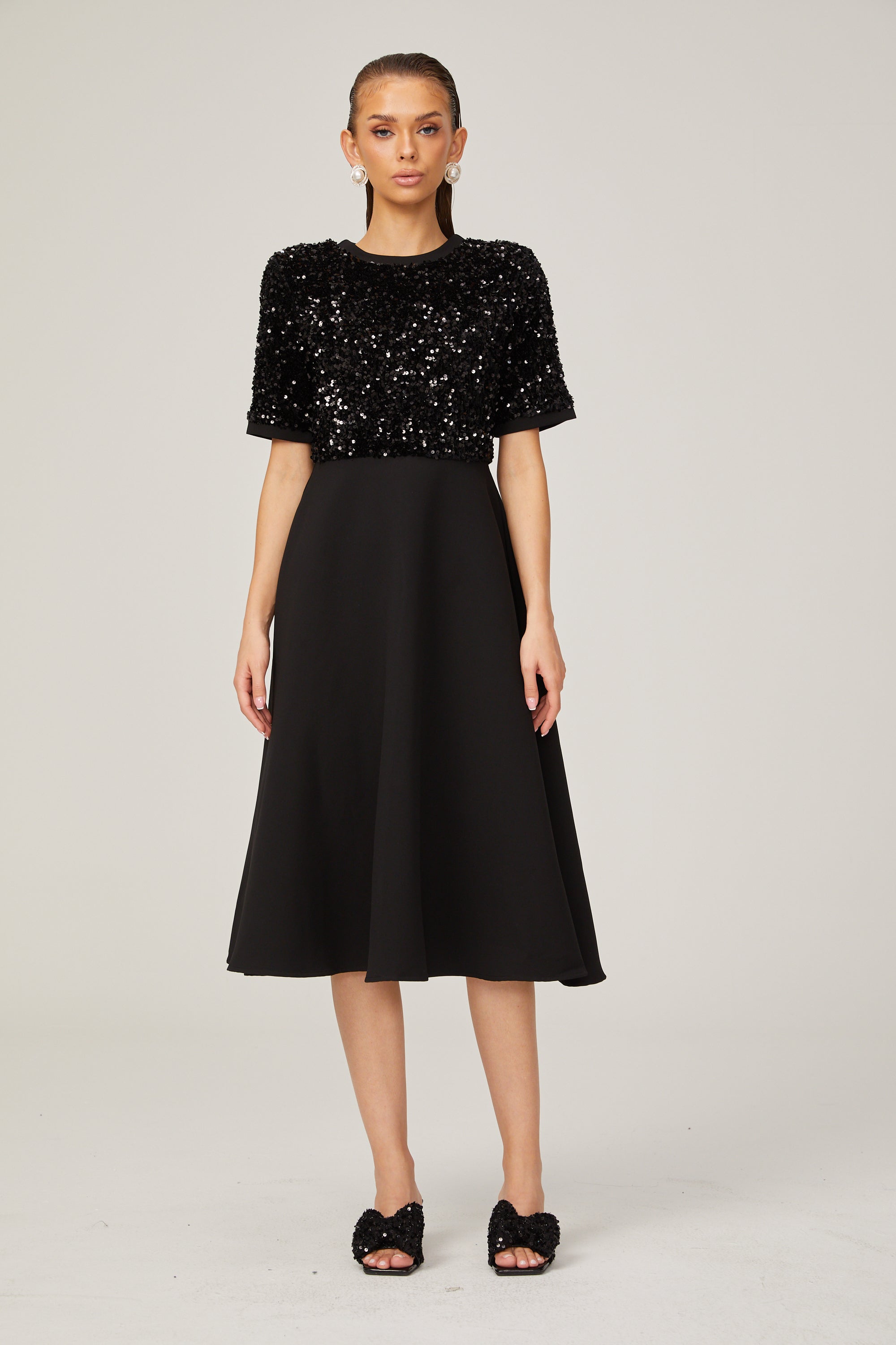 Charlotte black short-sleeve sequined midi dress