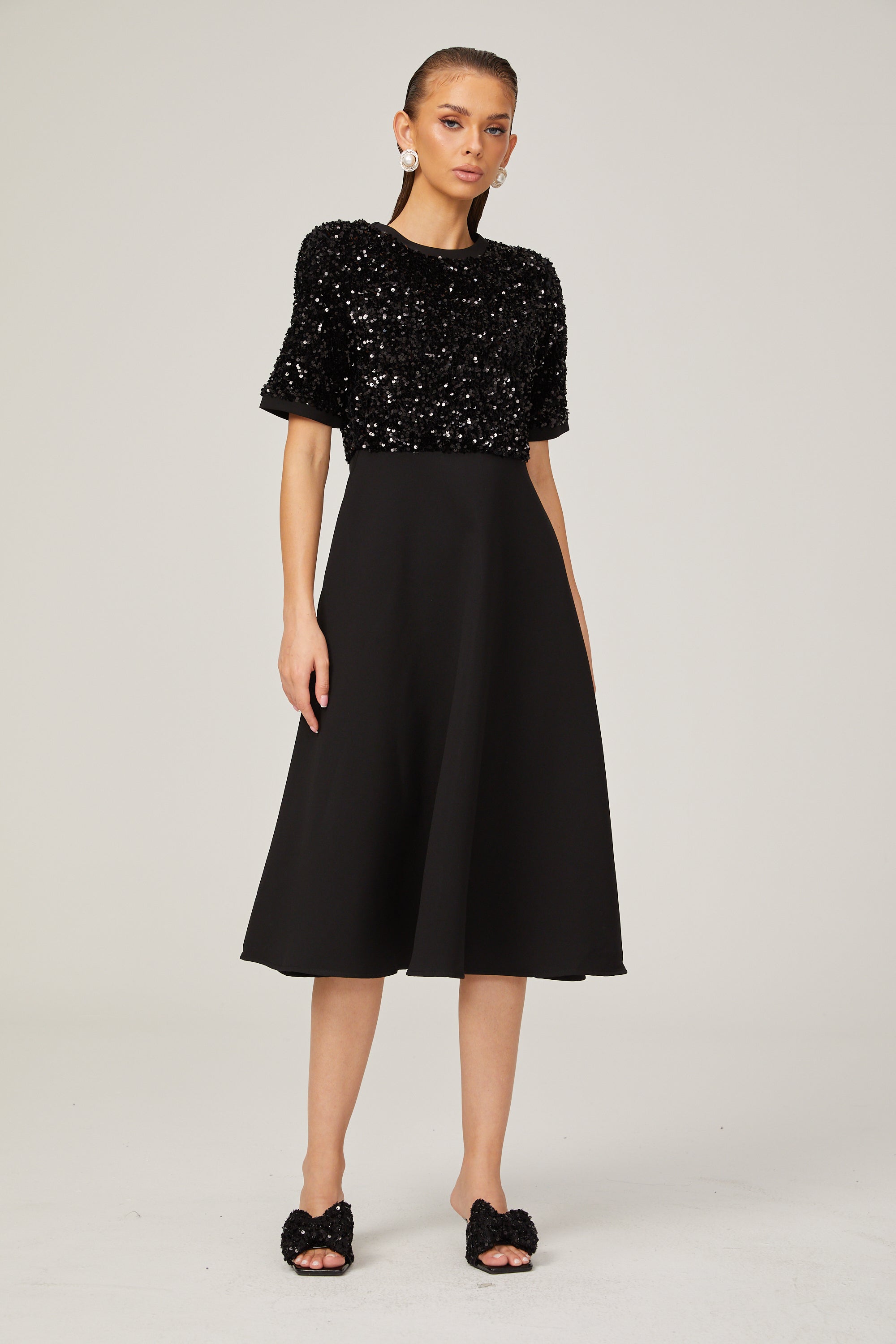 Charlotte black short-sleeve sequined midi dress