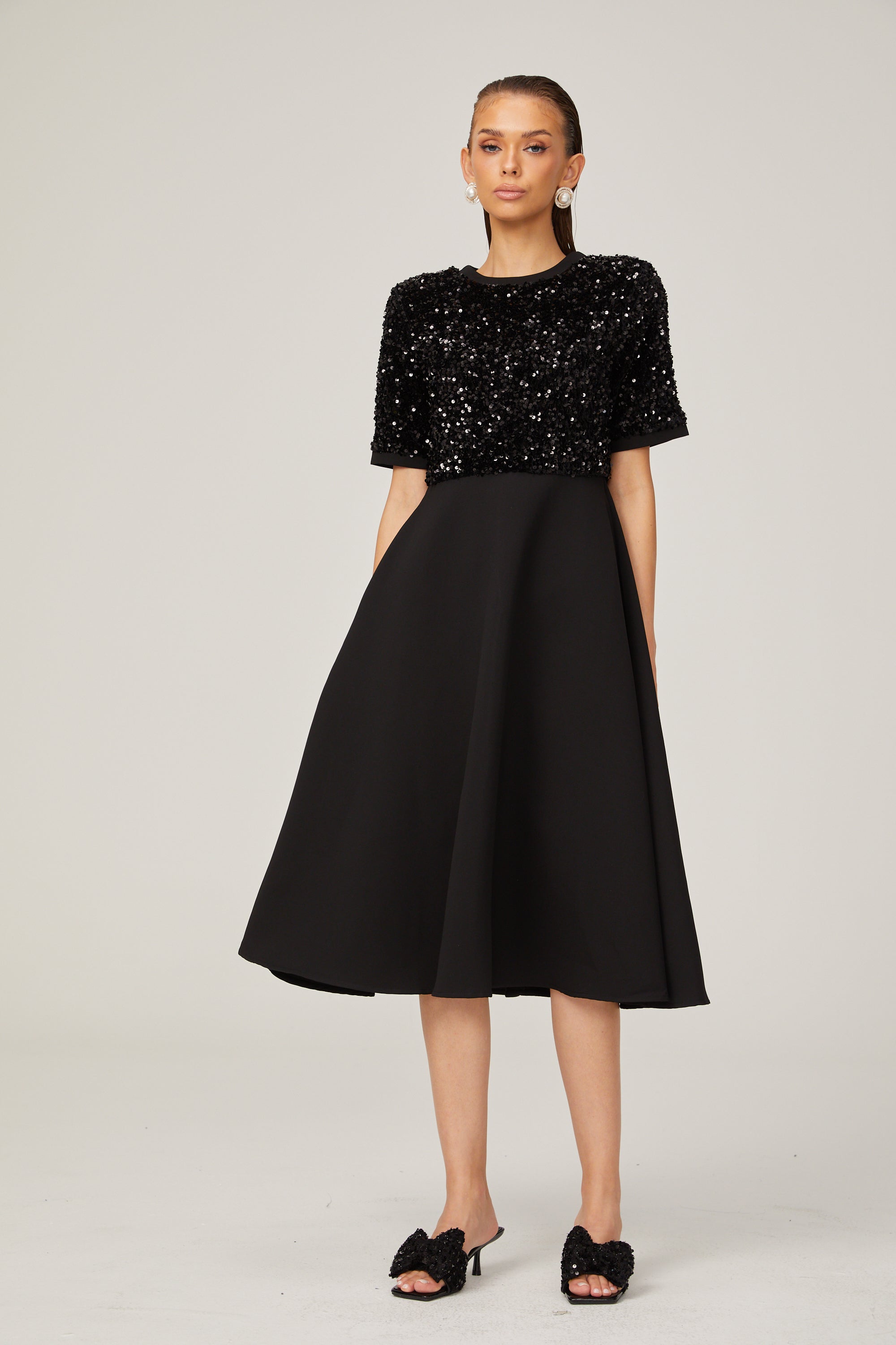 Charlotte black short-sleeve sequined midi dress