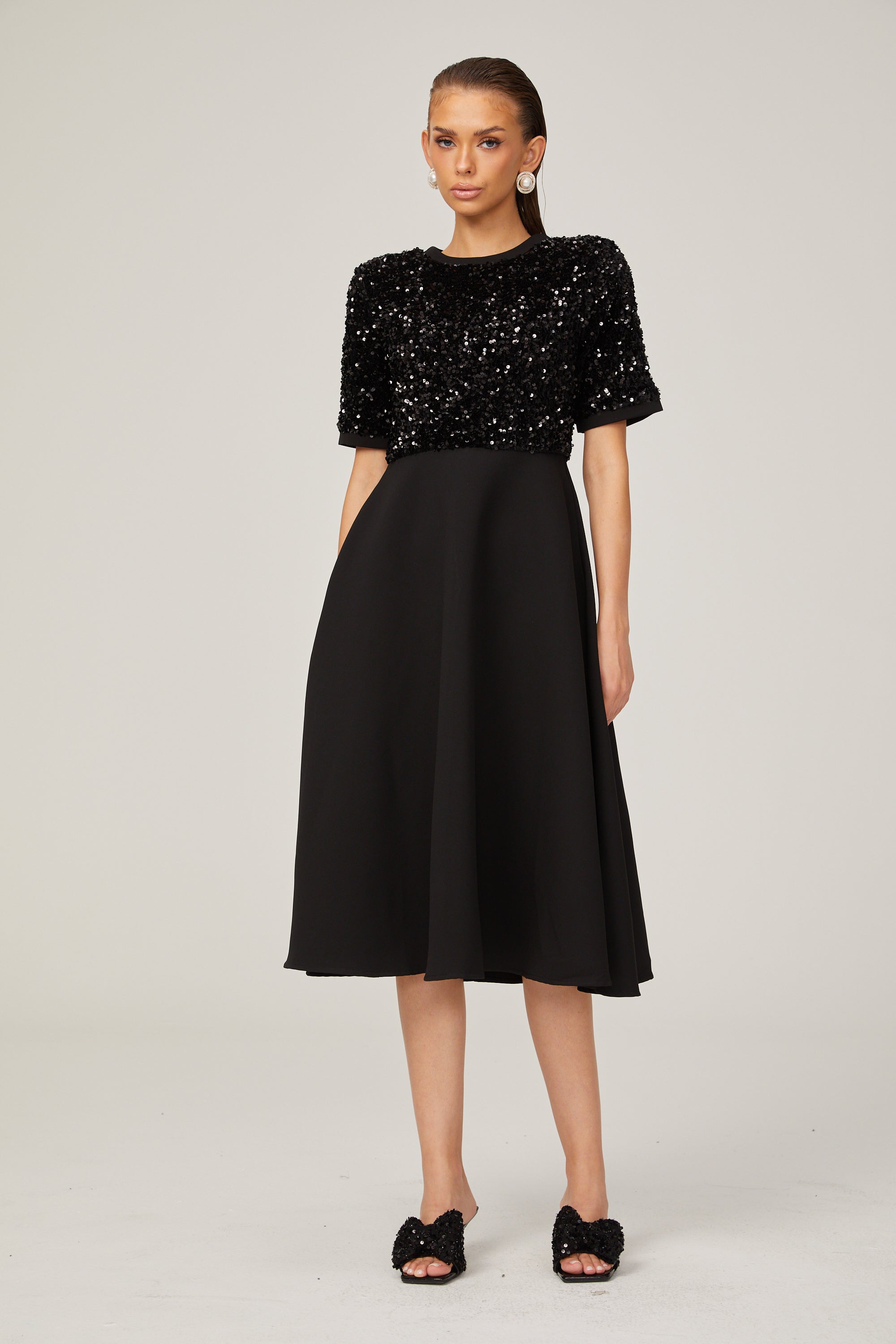 Charlotte black short-sleeve sequined midi dress