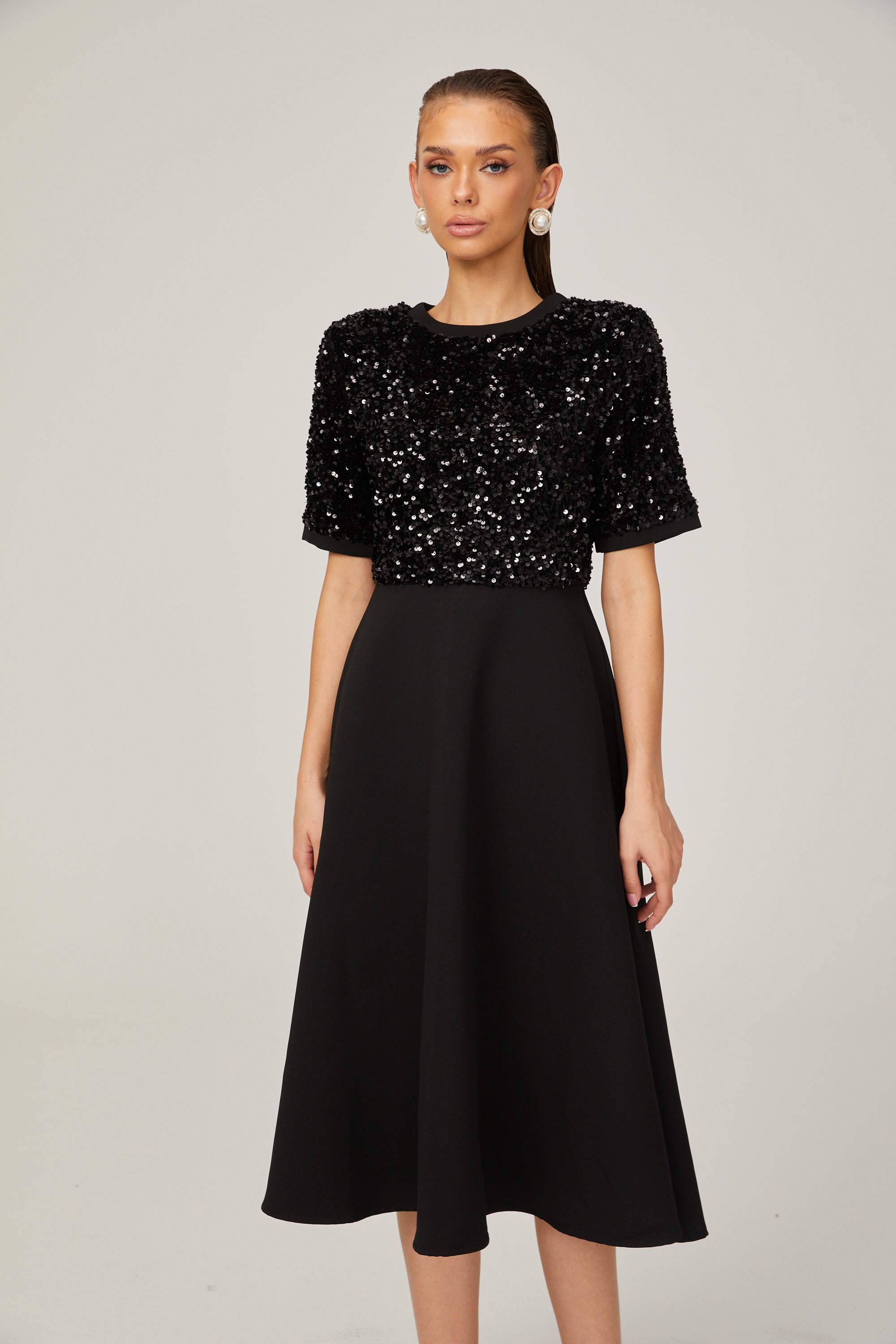 Charlotte black short-sleeve sequined midi dress