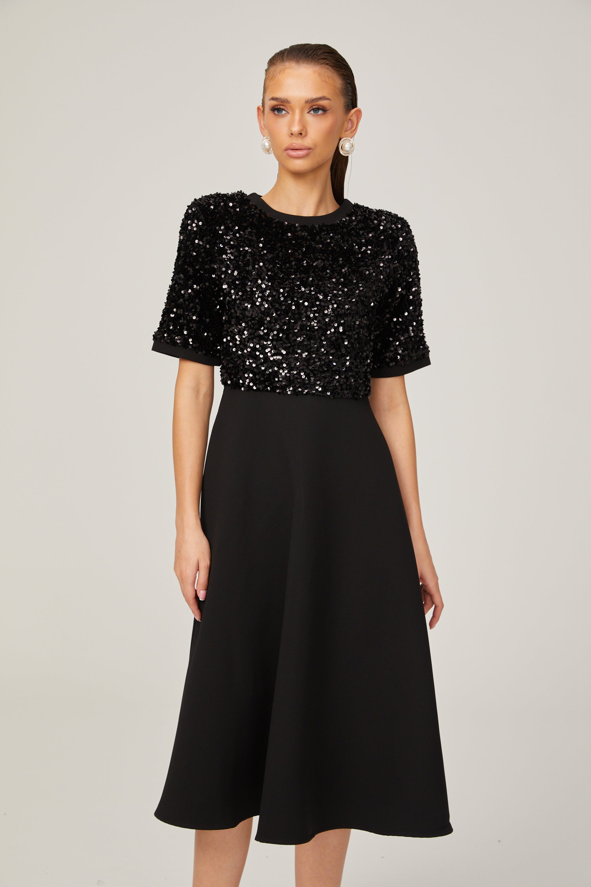 Charlotte black short-sleeve sequined midi dress