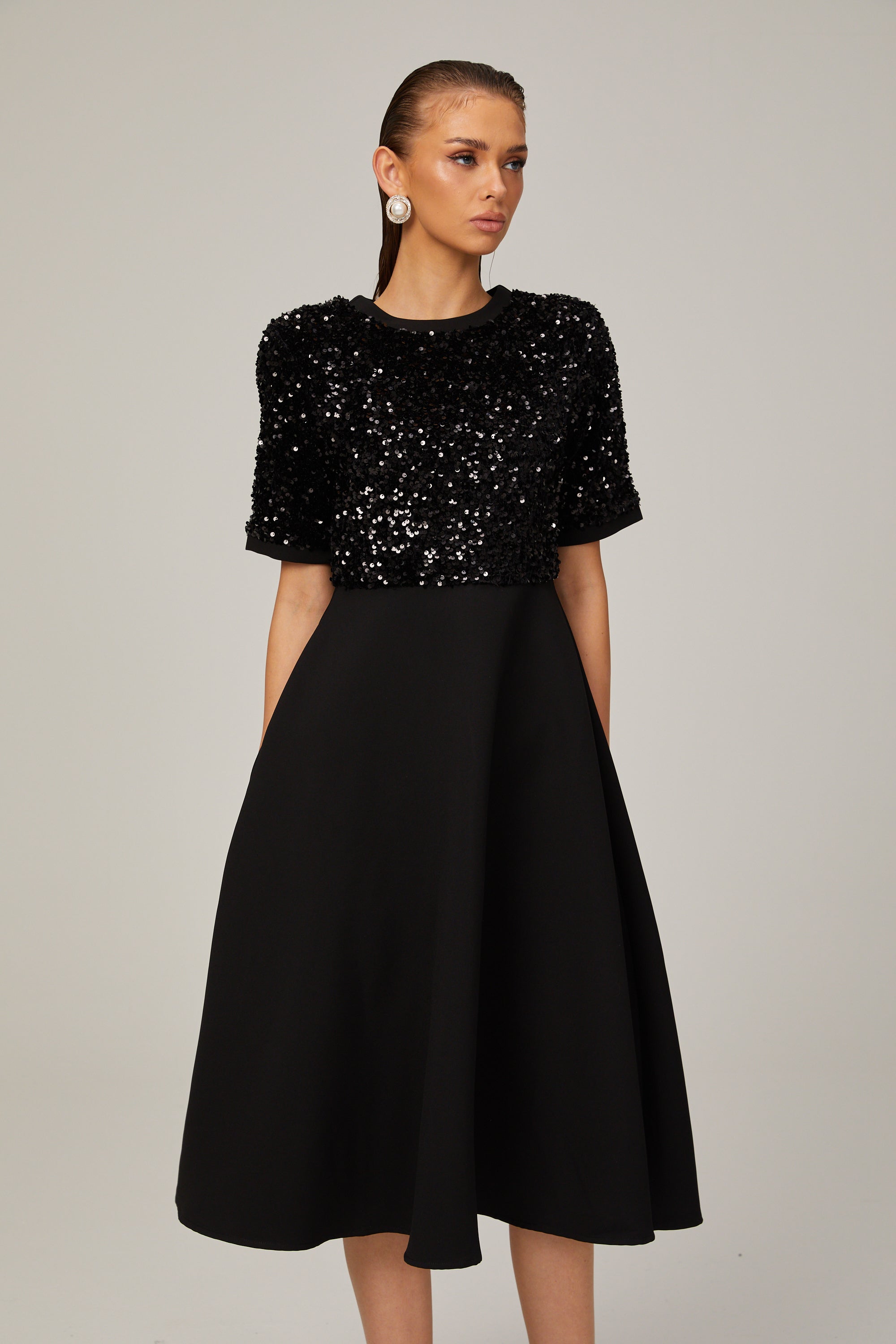 Charlotte black short-sleeve sequined midi dress