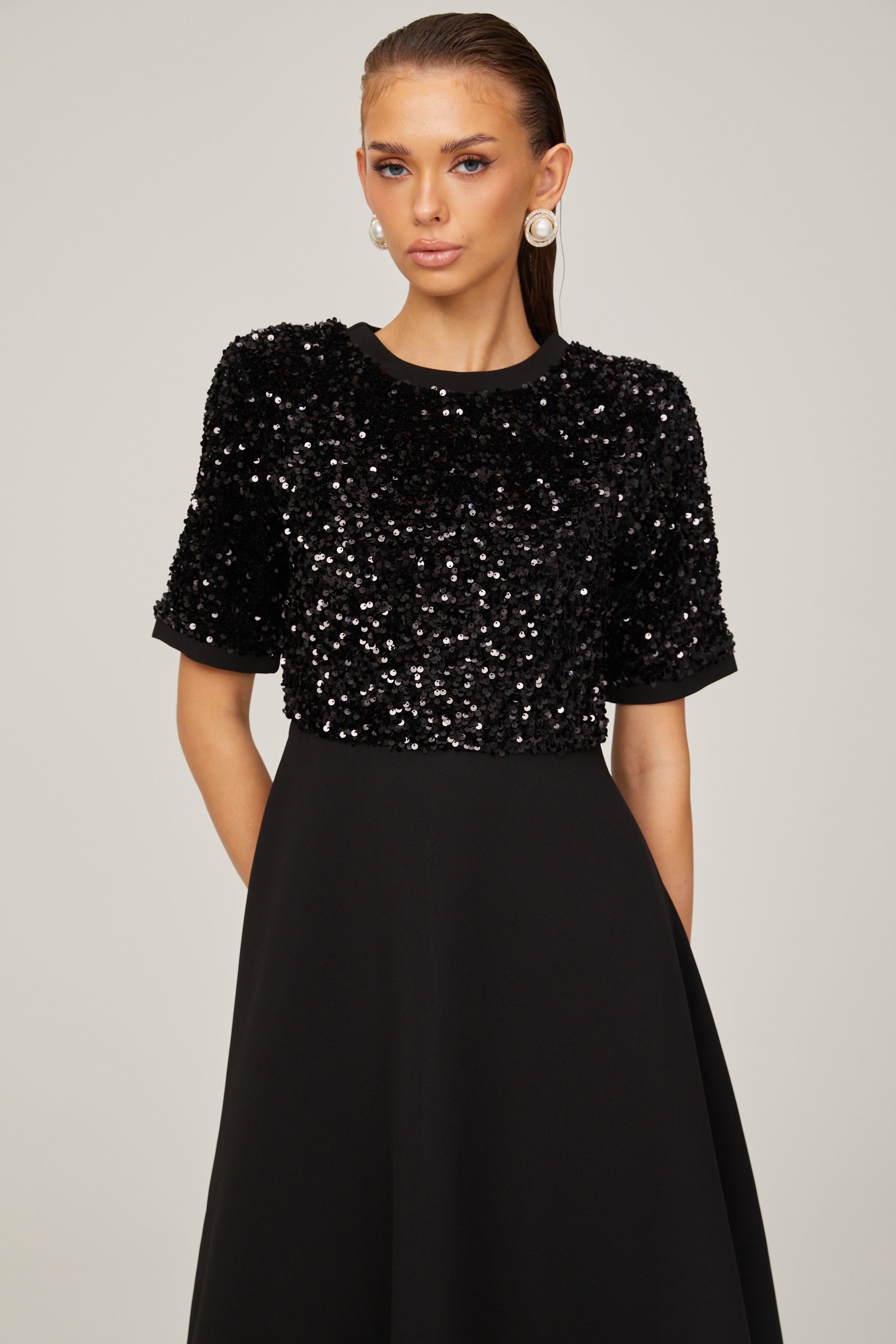 Charlotte black short-sleeve sequined midi dress