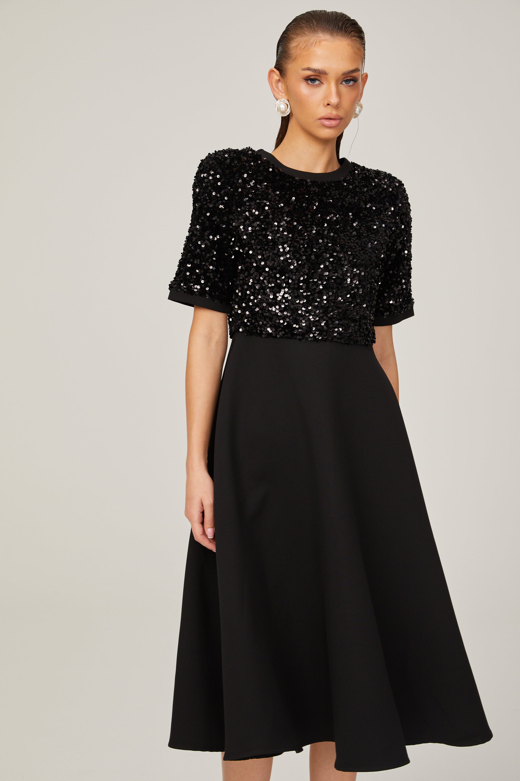 Charlotte black short-sleeve sequined midi dress