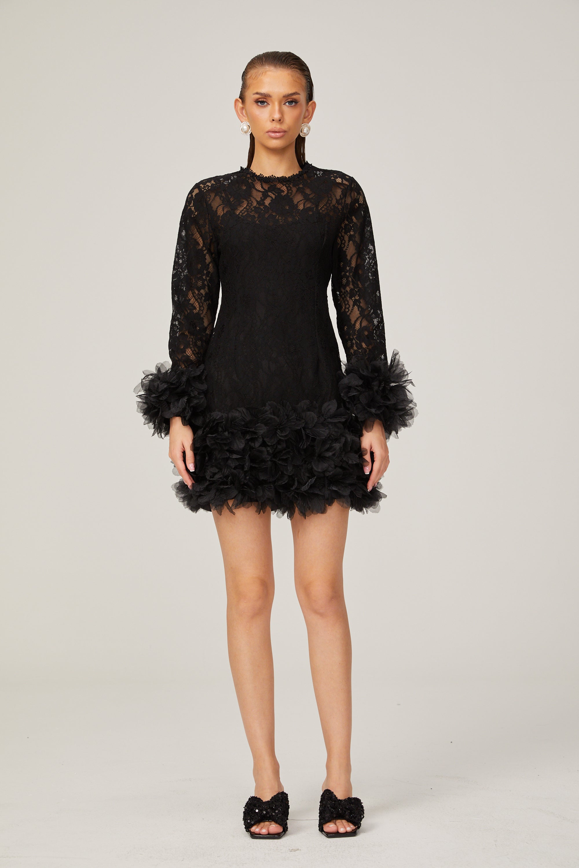 Camille lace layered feather-trim mini dress in Black