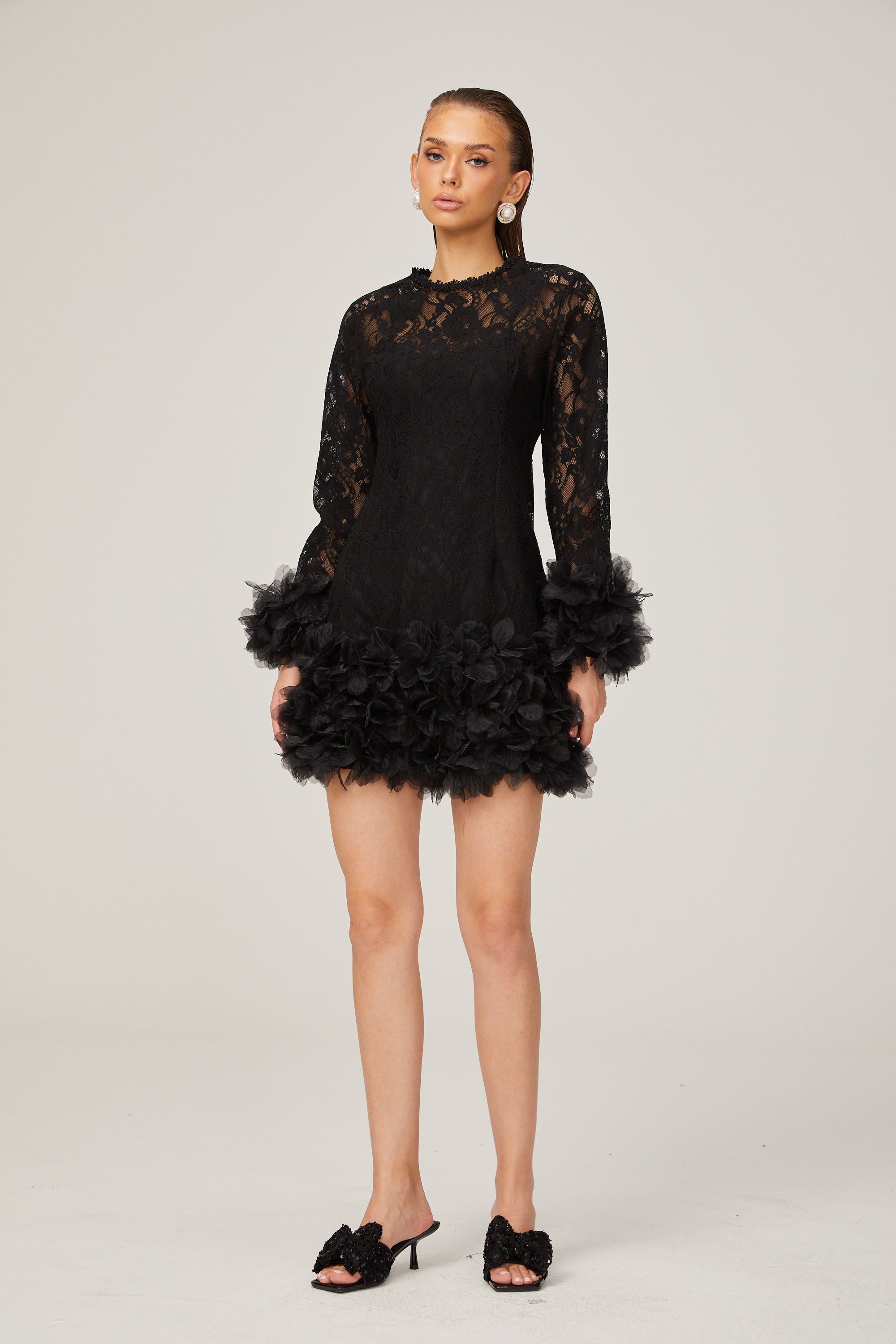 Camille lace layered feather-trim mini dress in Black