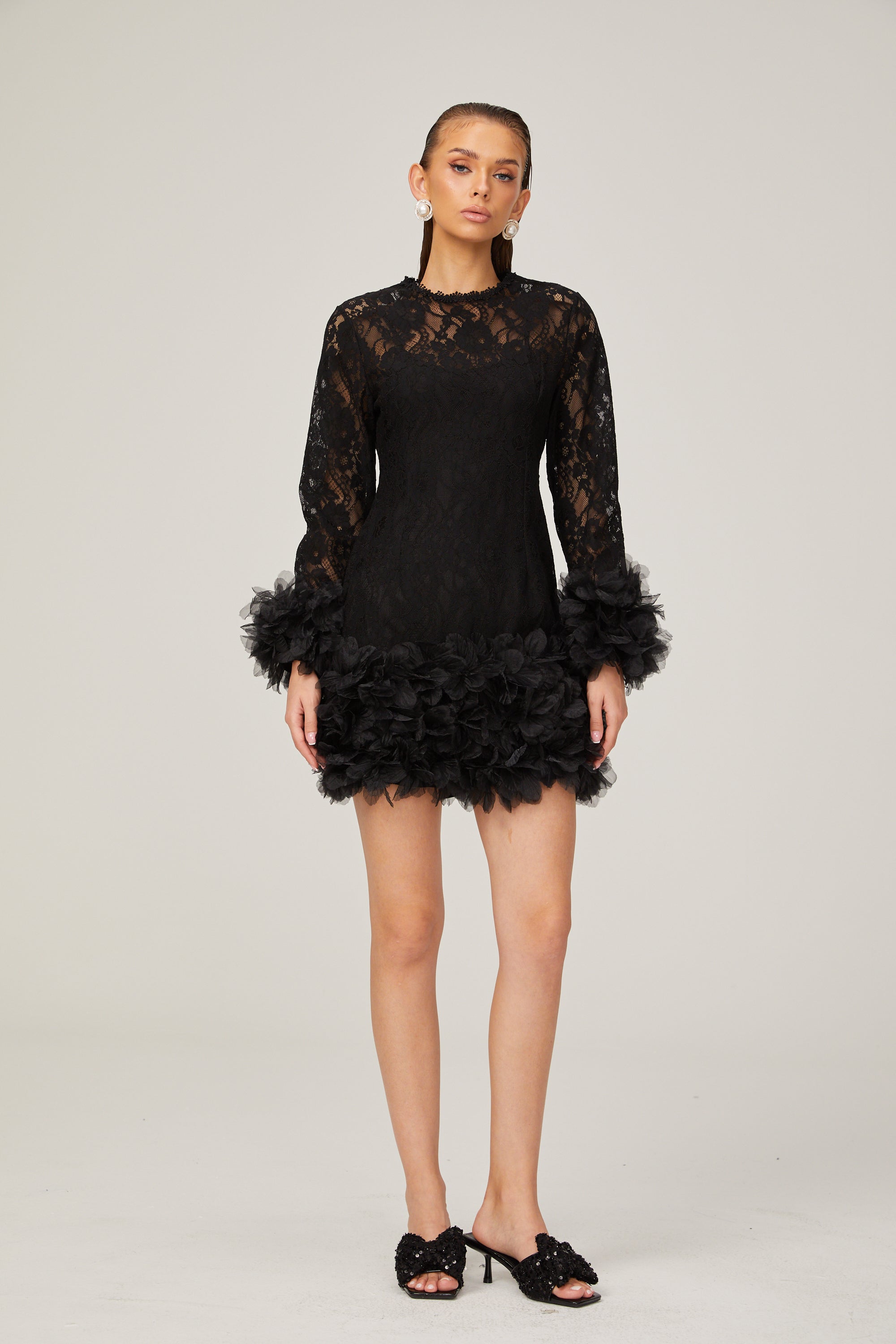 Camille lace layered feather-trim mini dress in Black