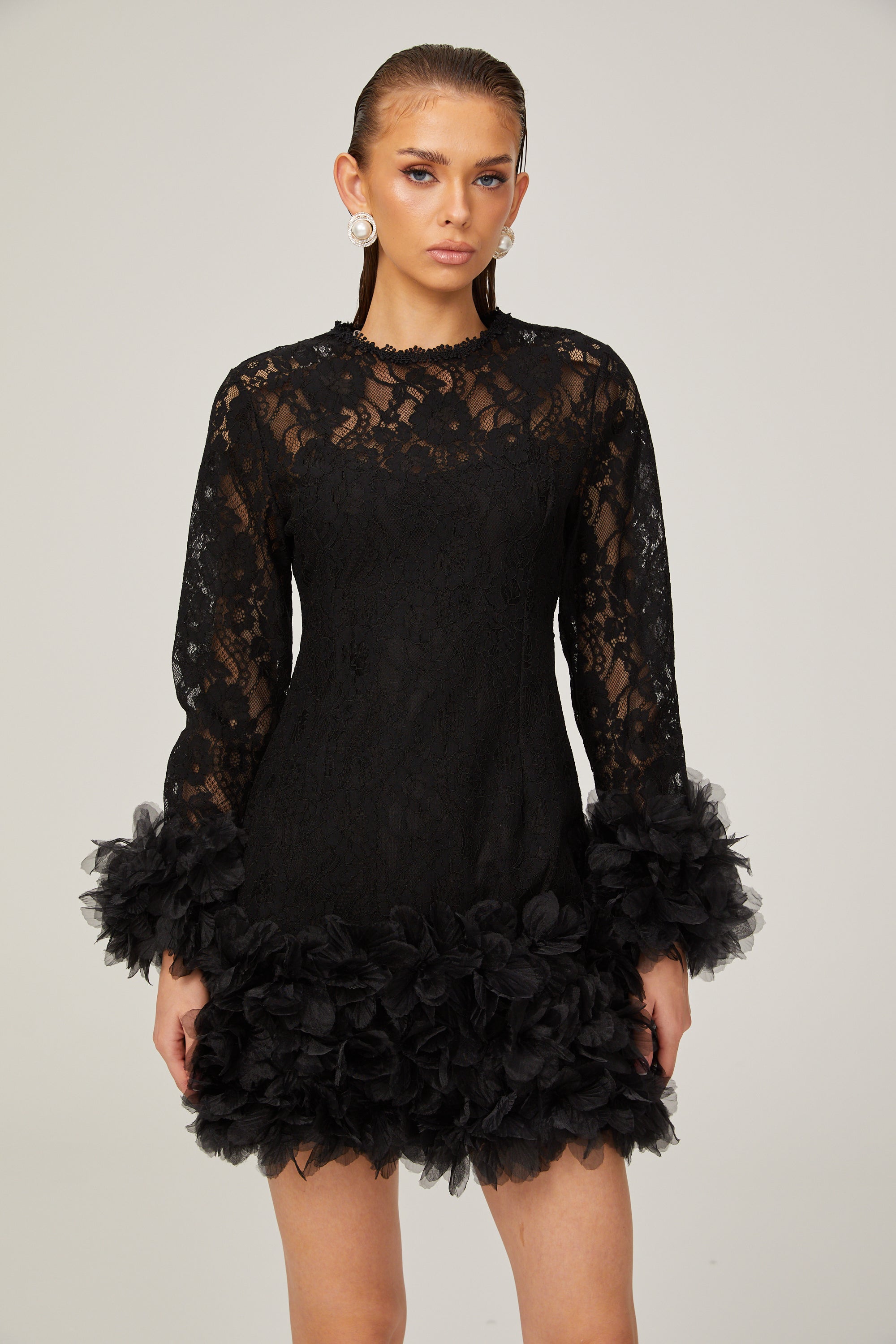 Camille lace layered feather-trim mini dress in Black