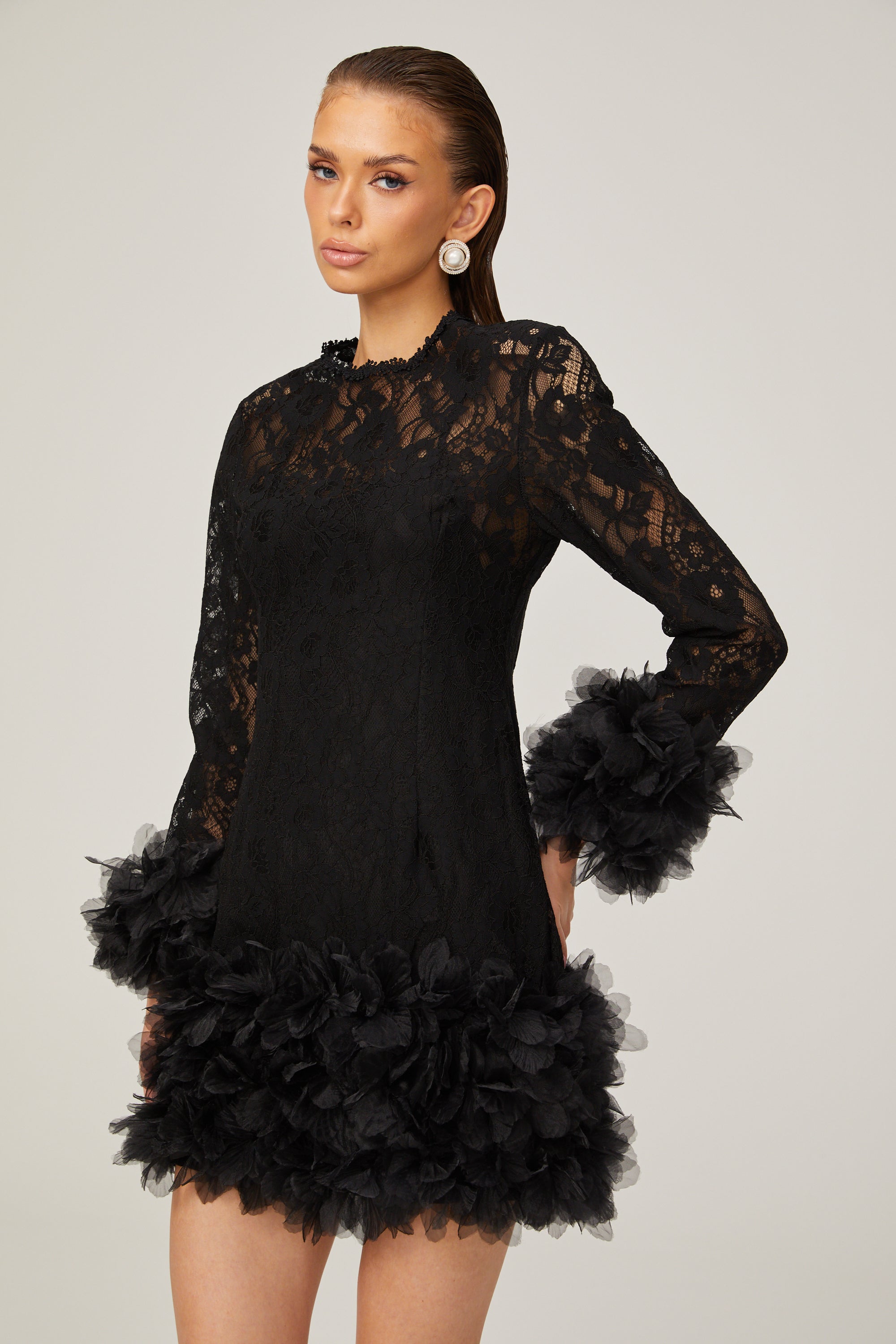 Camille lace layered feather-trim mini dress in Black