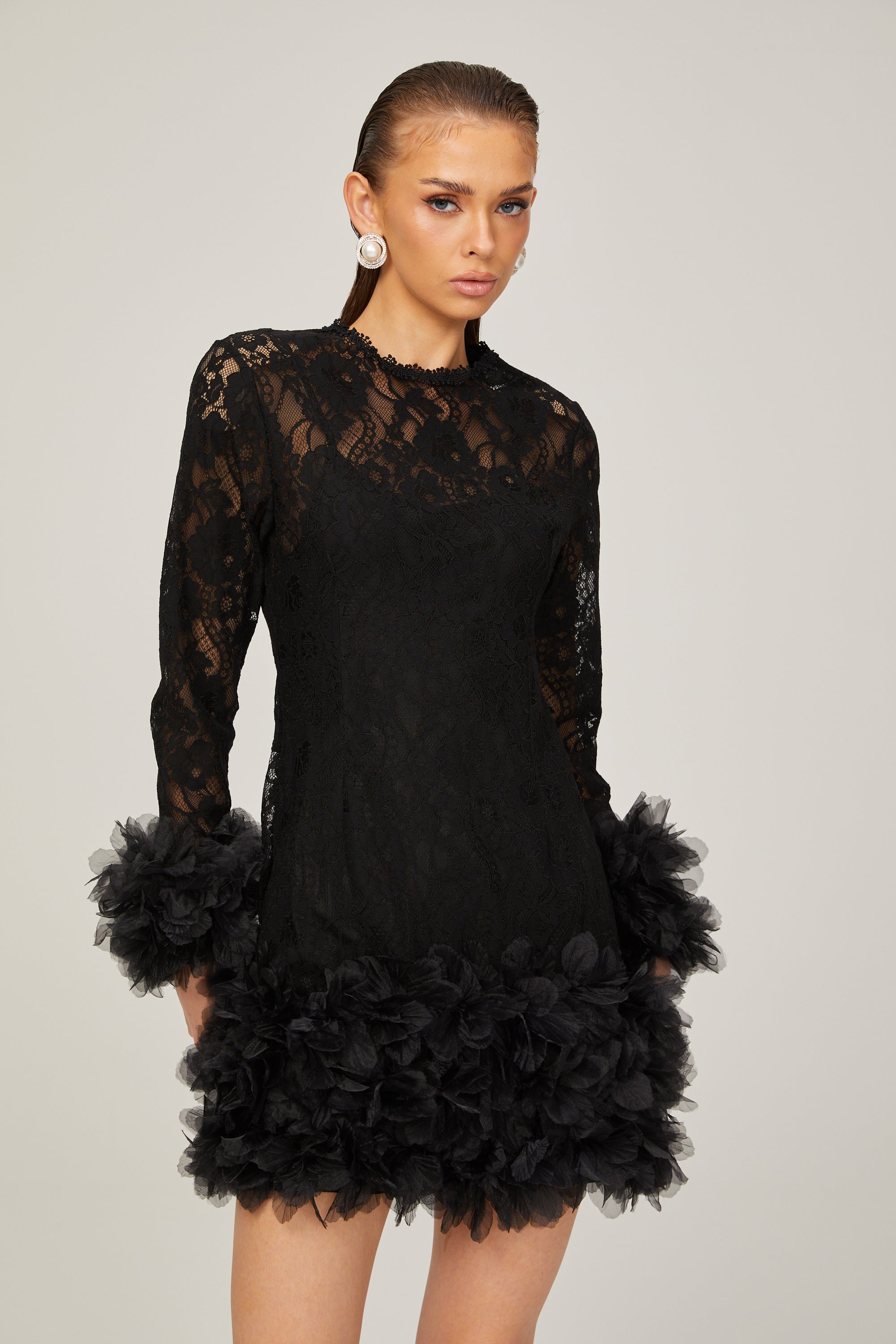 Camille lace layered feather-trim mini dress in Black