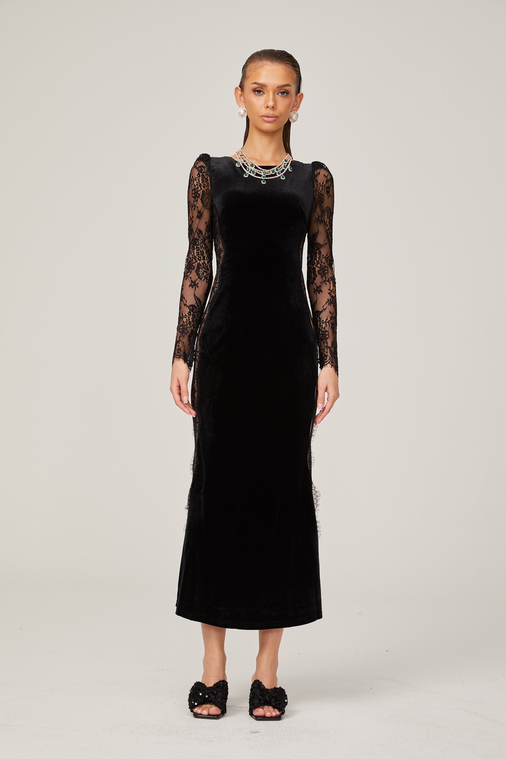 Hilaire black lace-panel open-back velvet midi dress